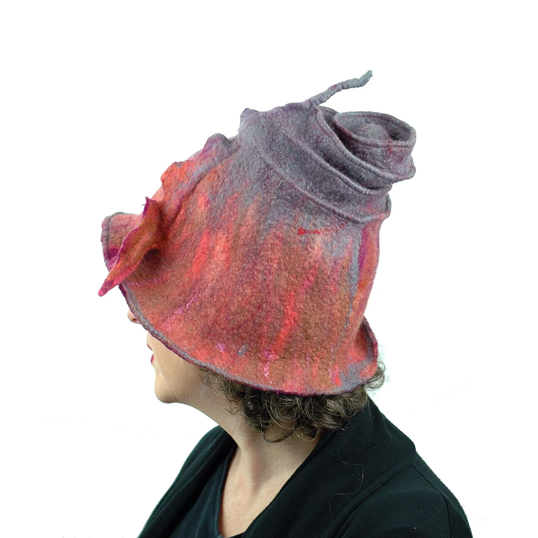 ~ Adopted ~ Felted Wizard Hat in Coral, Magenta and Gray