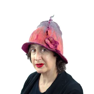 ~ Adopted ~ Felted Wizard Hat in Coral, Magenta and Gray