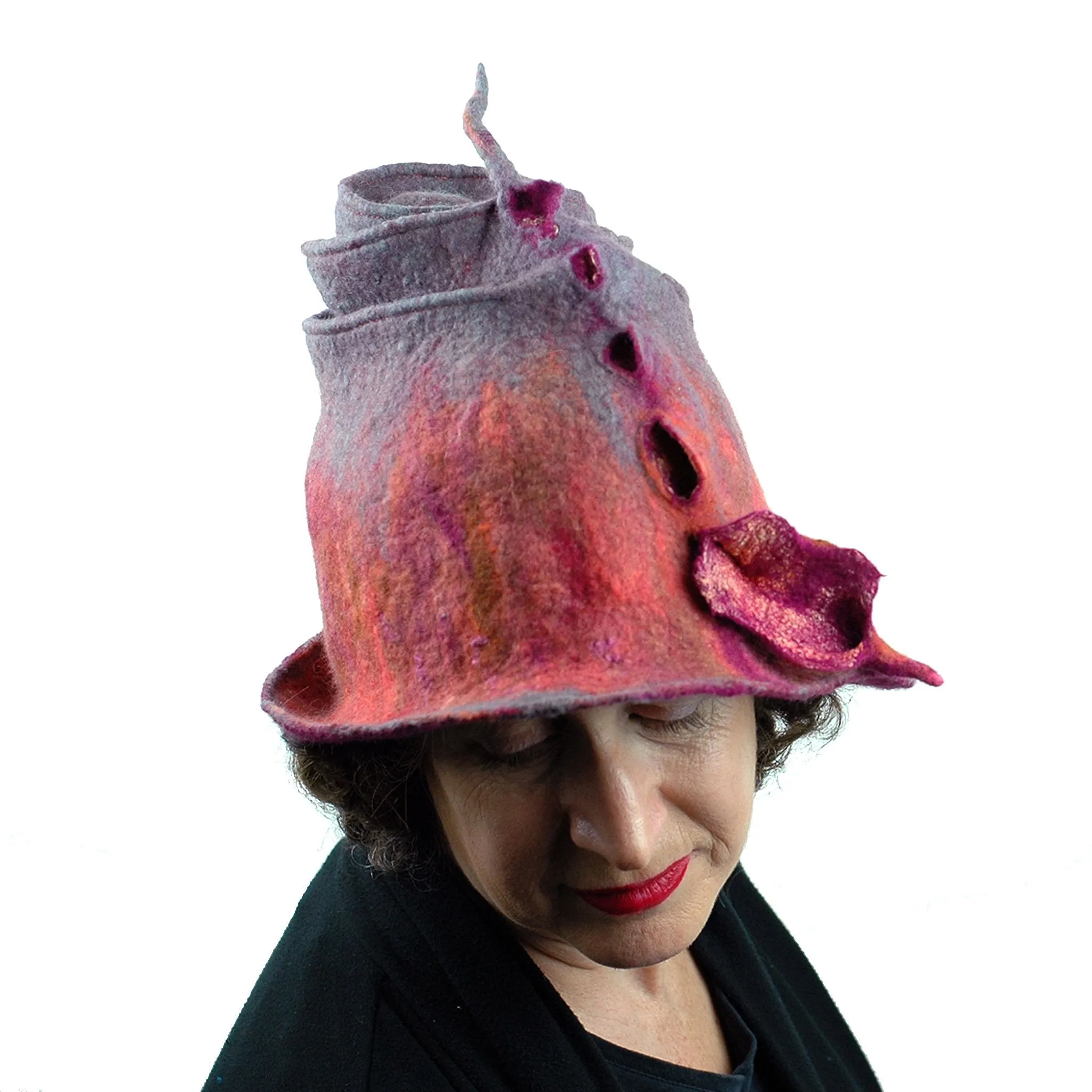 ~ Adopted ~ Felted Wizard Hat in Coral, Magenta and Gray