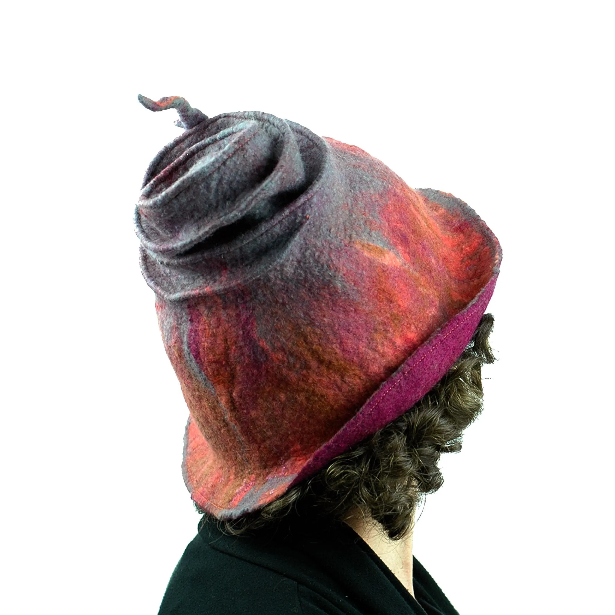 ~ Adopted ~ Felted Wizard Hat in Coral, Magenta and Gray