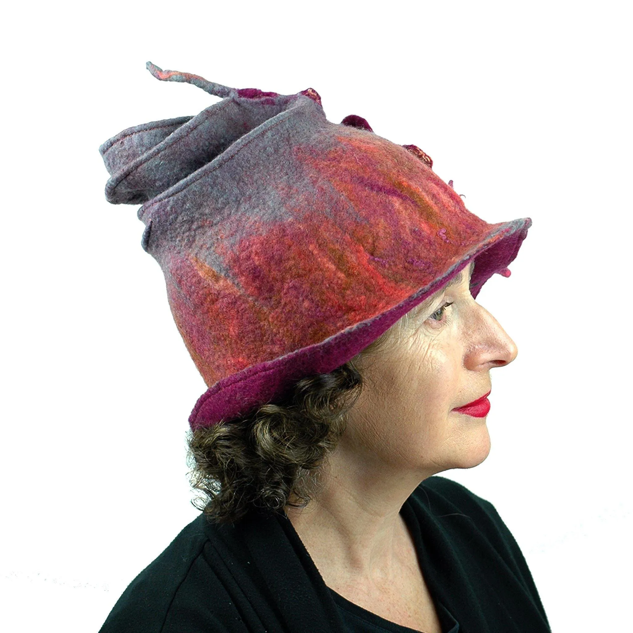~ Adopted ~ Felted Wizard Hat in Coral, Magenta and Gray