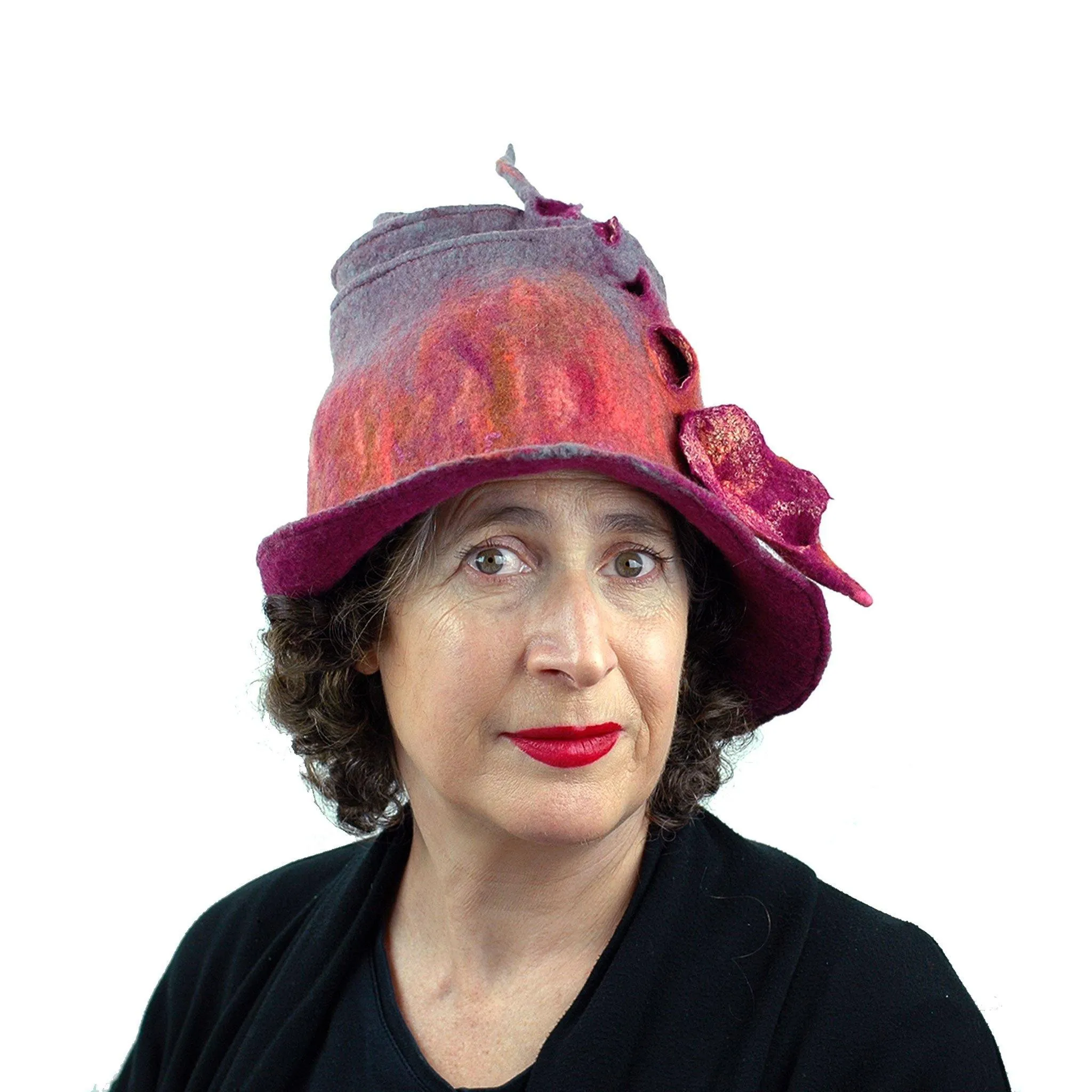 ~ Adopted ~ Felted Wizard Hat in Coral, Magenta and Gray