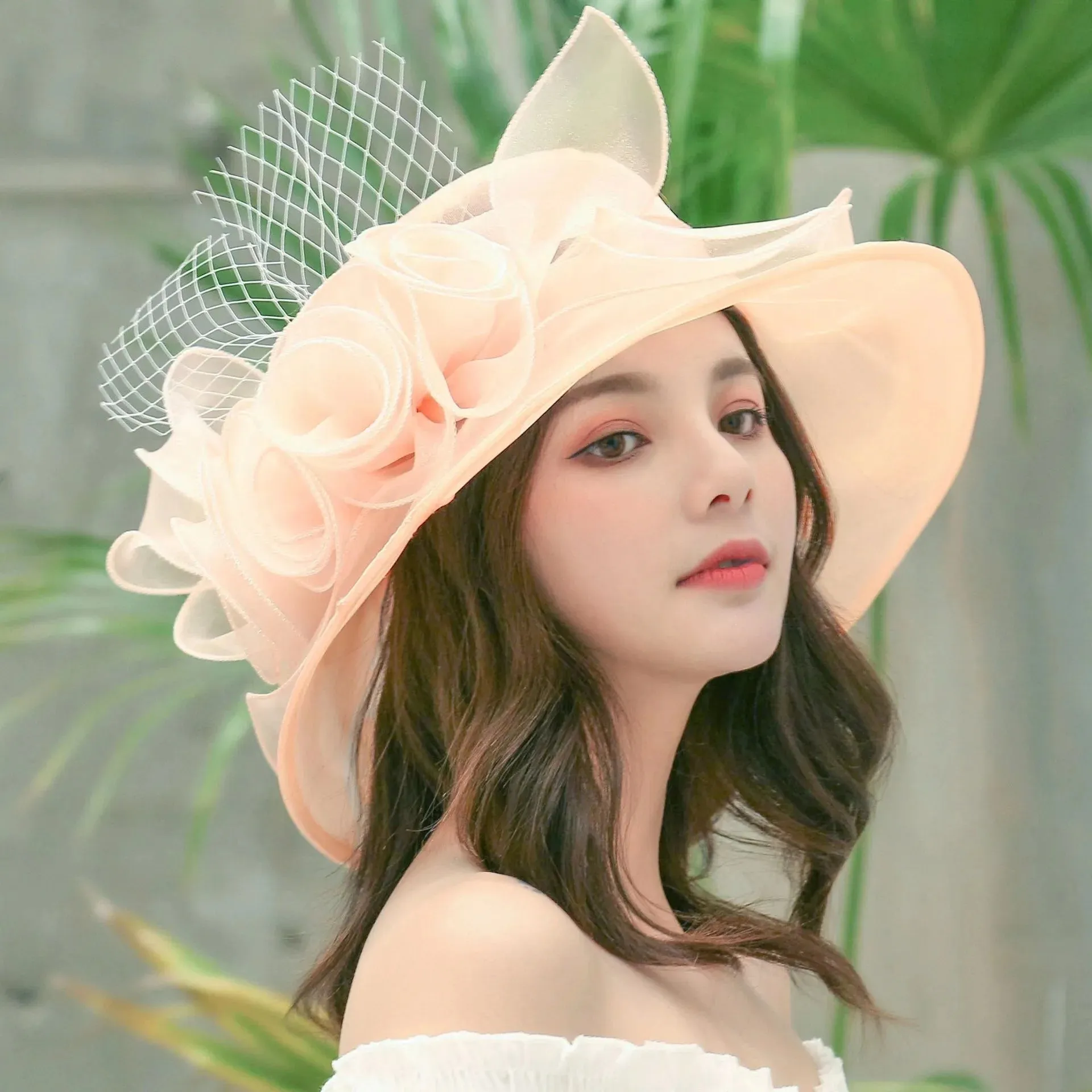 1Pc Elegant Flower Lady Hat Summer Organza Wide Brim Sunscreen Kentucky Derby Hats For Women Church Wedding Beach Sun Cap