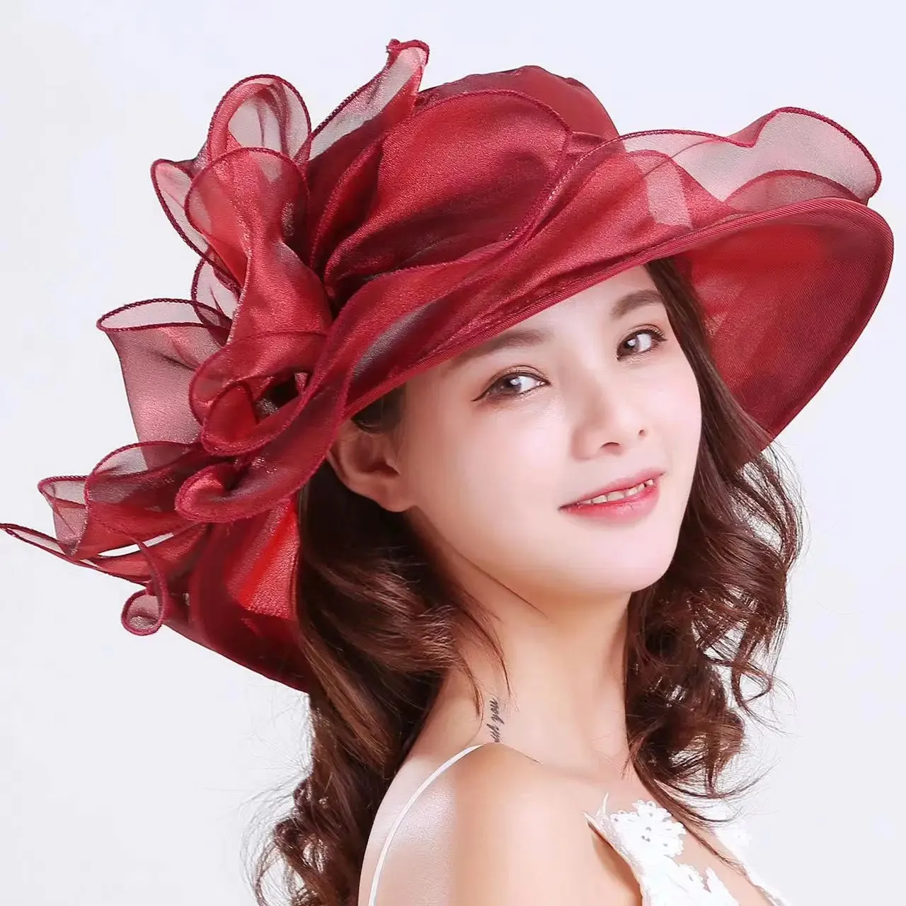1Pc Elegant Flower Lady Hat Summer Organza Wide Brim Sunscreen Kentucky Derby Hats For Women Church Wedding Beach Sun Cap