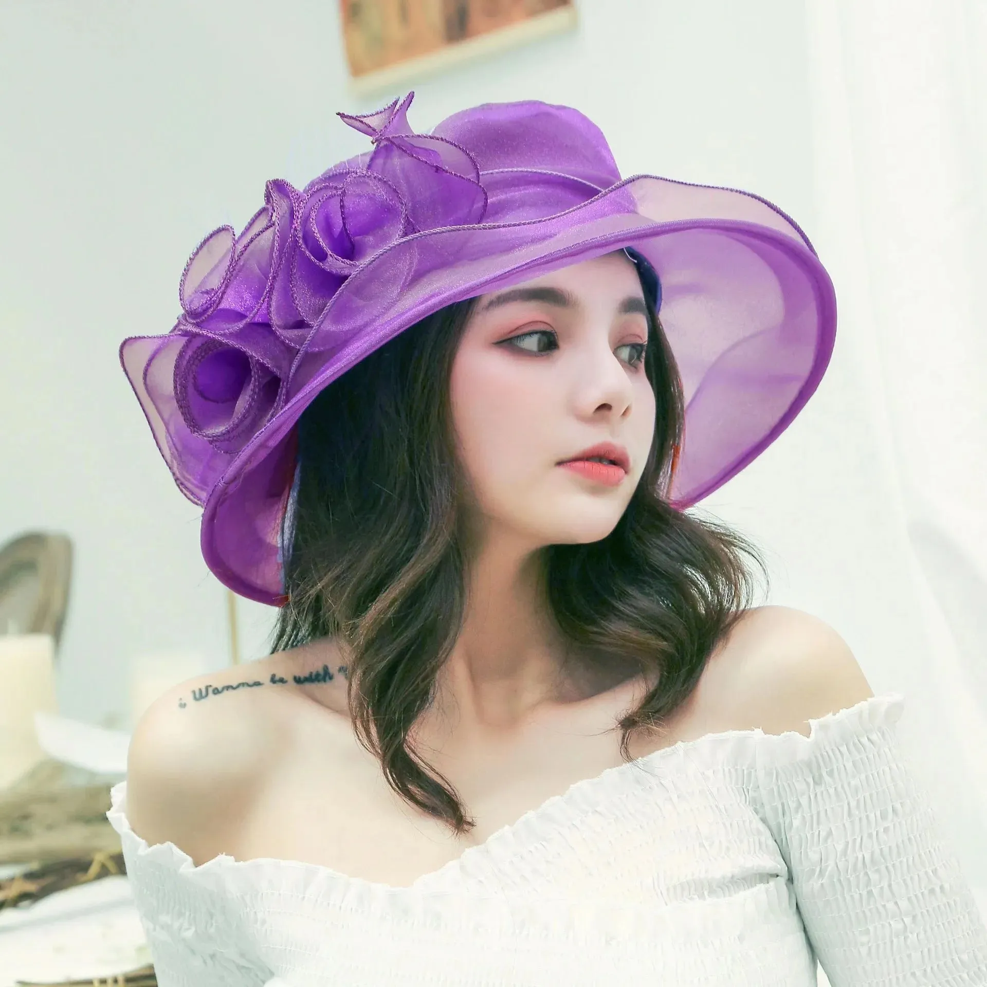 1Pc Elegant Flower Lady Hat Summer Organza Wide Brim Sunscreen Kentucky Derby Hats For Women Church Wedding Beach Sun Cap