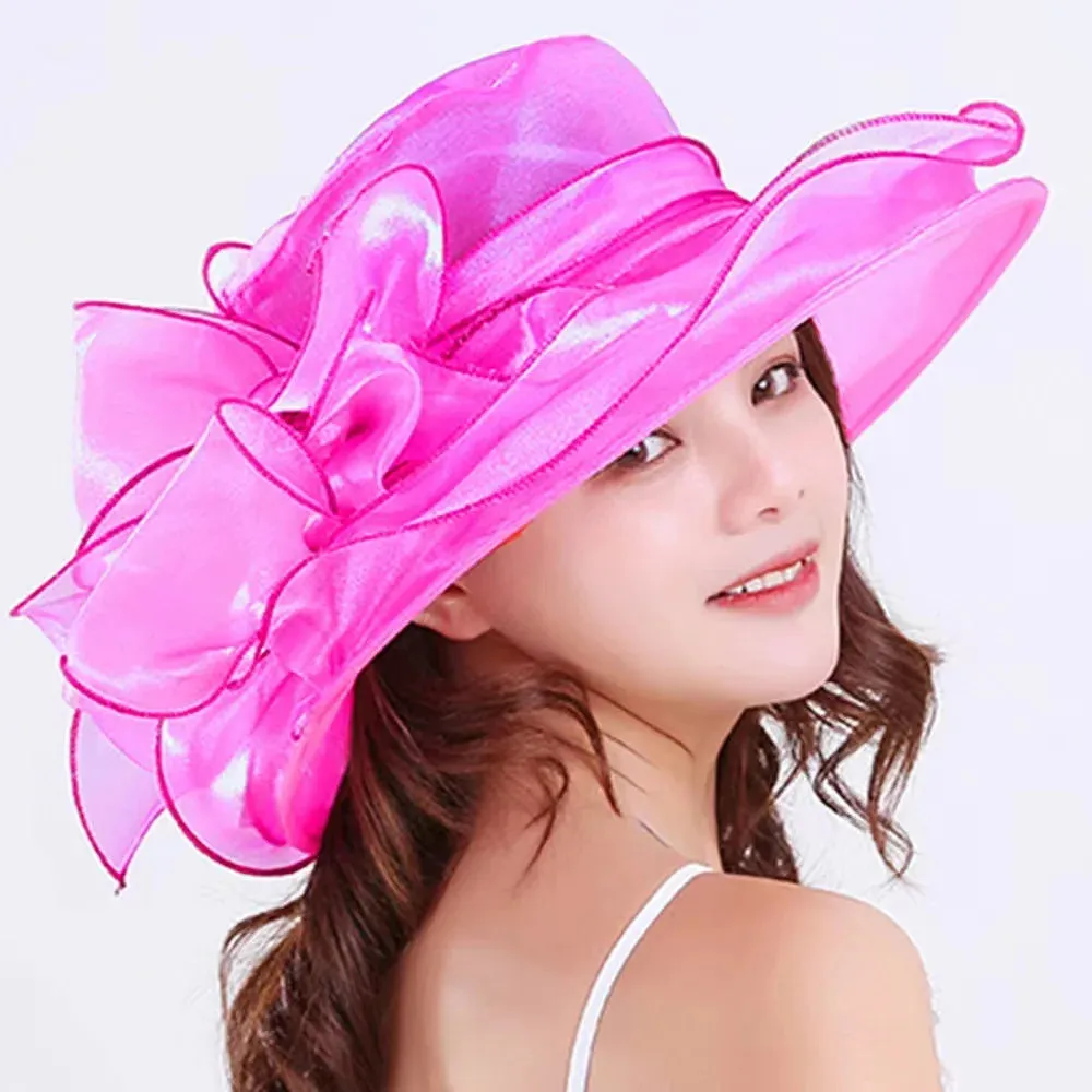 1Pc Elegant Flower Lady Hat Summer Organza Wide Brim Sunscreen Kentucky Derby Hats For Women Church Wedding Beach Sun Cap