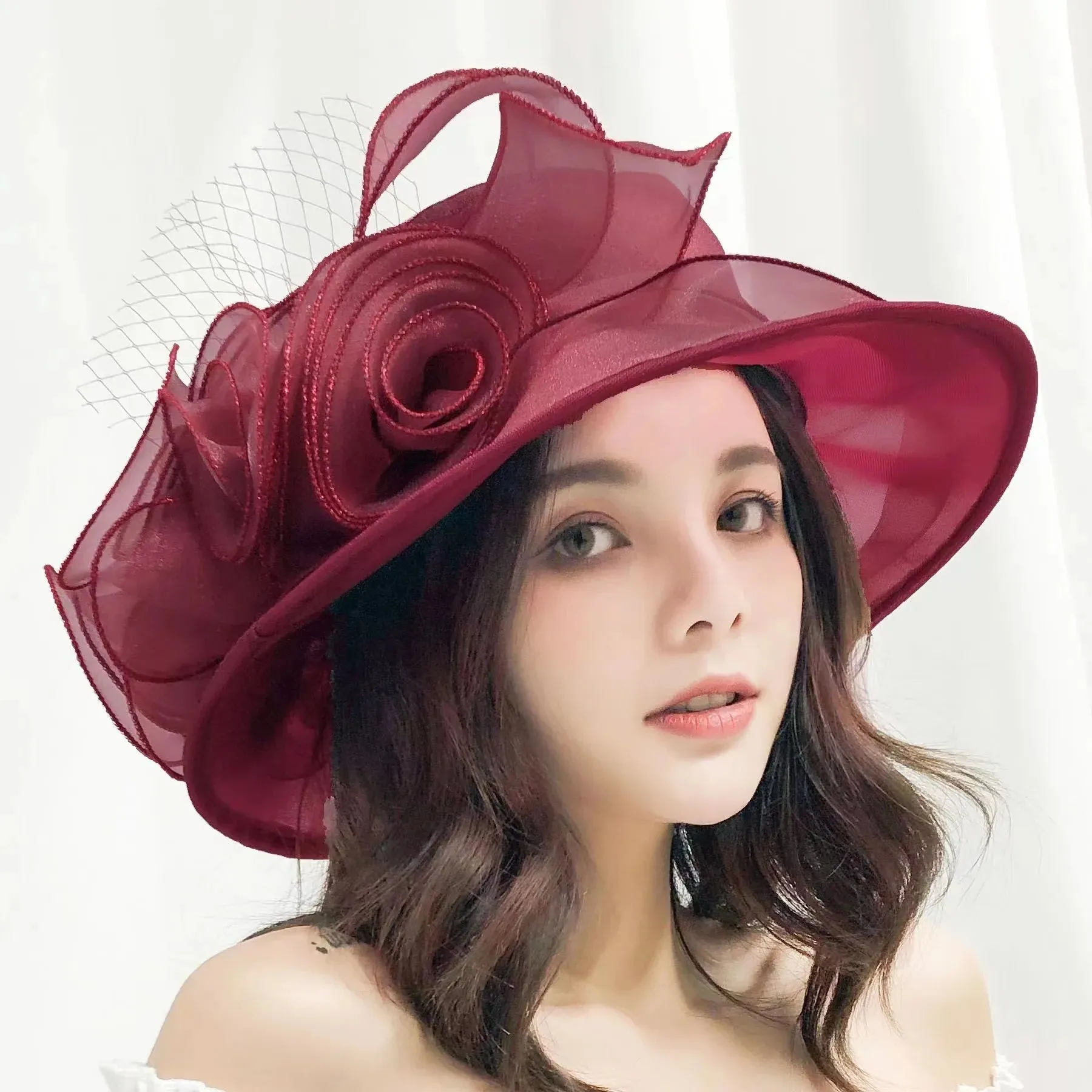 1Pc Elegant Flower Lady Hat Summer Organza Wide Brim Sunscreen Kentucky Derby Hats For Women Church Wedding Beach Sun Cap