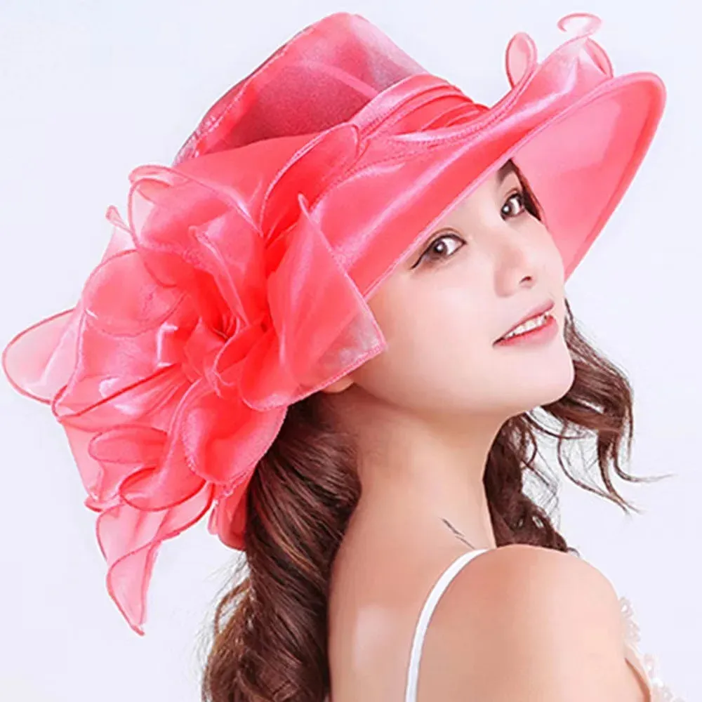 1Pc Elegant Flower Lady Hat Summer Organza Wide Brim Sunscreen Kentucky Derby Hats For Women Church Wedding Beach Sun Cap