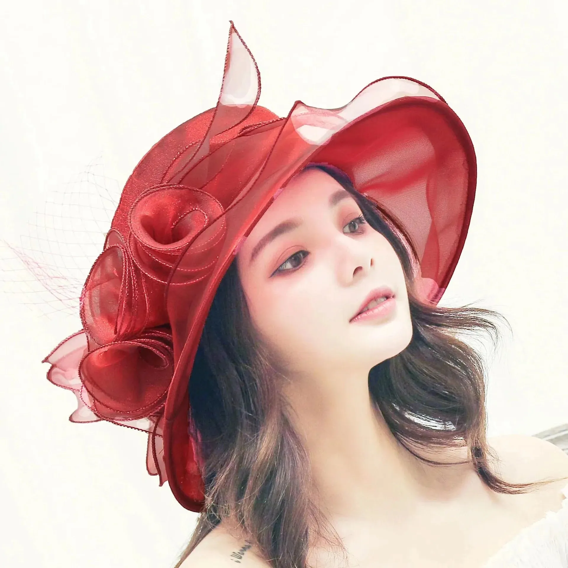 1Pc Elegant Flower Lady Hat Summer Organza Wide Brim Sunscreen Kentucky Derby Hats For Women Church Wedding Beach Sun Cap