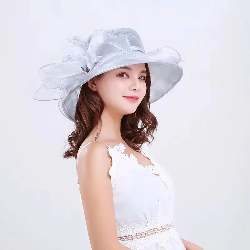 1Pc Elegant Flower Lady Hat Summer Organza Wide Brim Sunscreen Kentucky Derby Hats For Women Church Wedding Beach Sun Cap