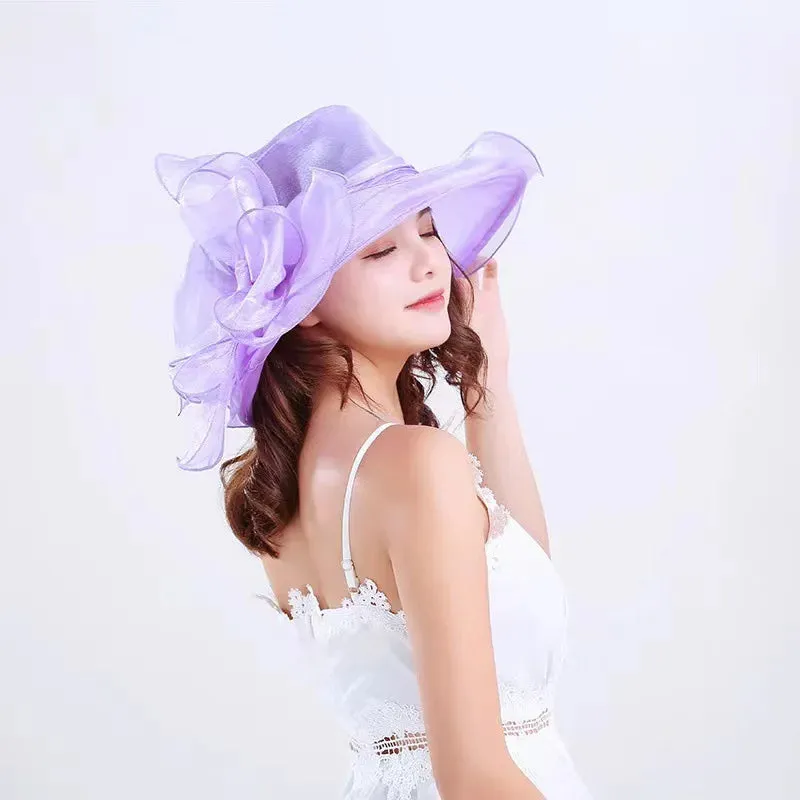 1Pc Elegant Flower Lady Hat Summer Organza Wide Brim Sunscreen Kentucky Derby Hats For Women Church Wedding Beach Sun Cap