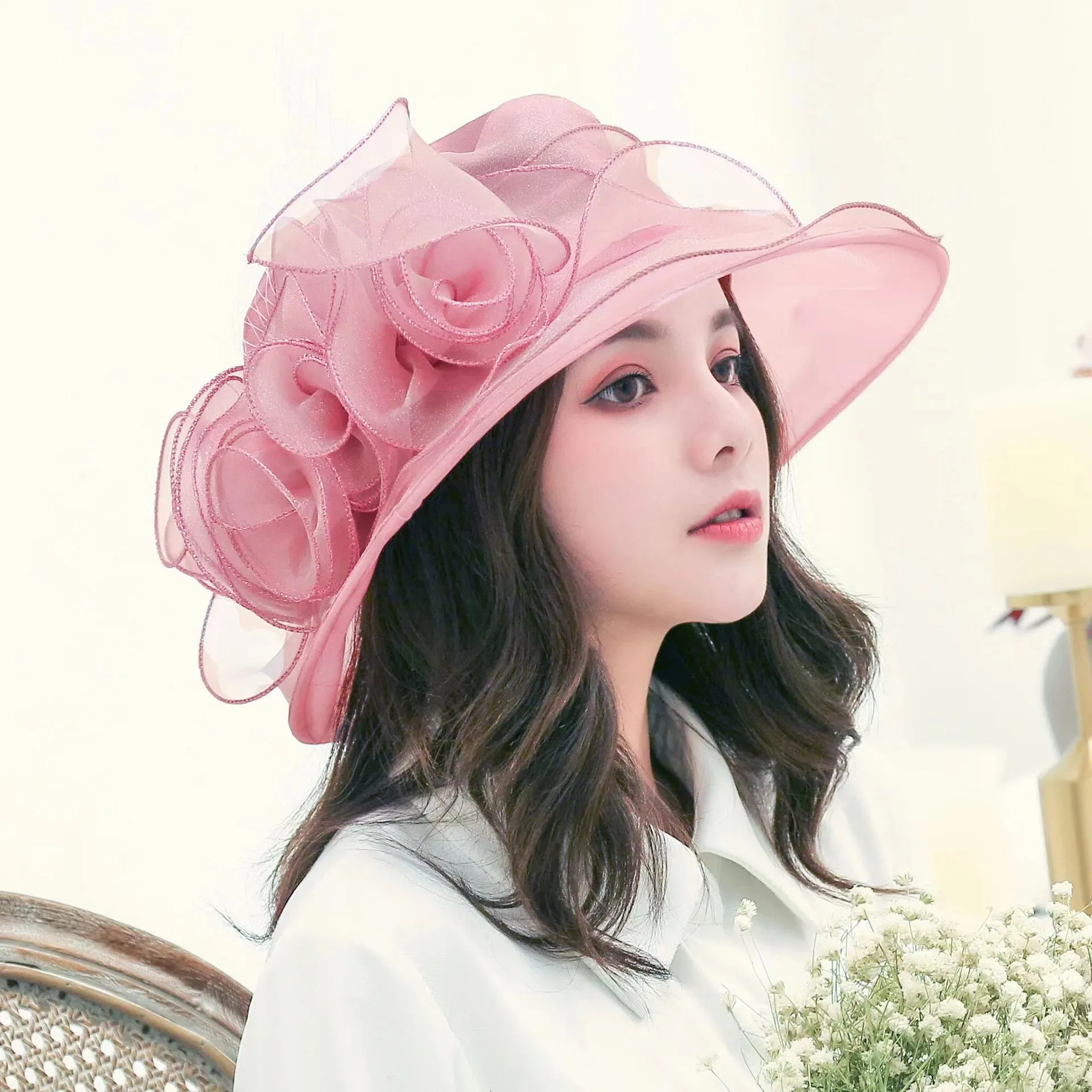 1Pc Elegant Flower Lady Hat Summer Organza Wide Brim Sunscreen Kentucky Derby Hats For Women Church Wedding Beach Sun Cap