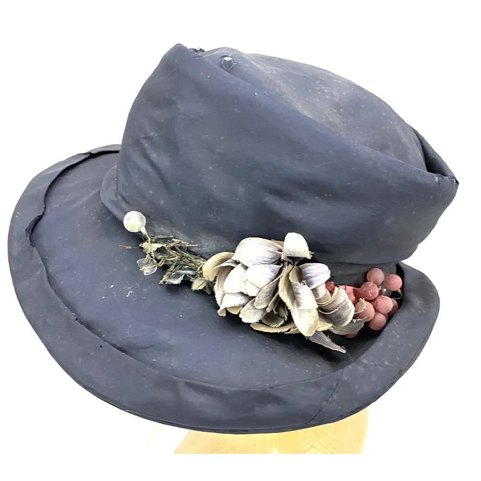 Antique Brimmed Cloche Hat 20s Flapper Flowers Straw Tenne New York Paris Large