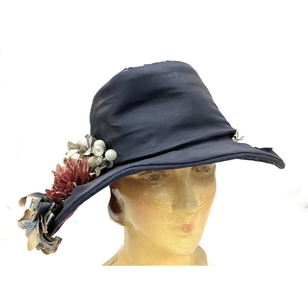 Antique Brimmed Cloche Hat 20s Flapper Flowers Straw Tenne New York Paris Large