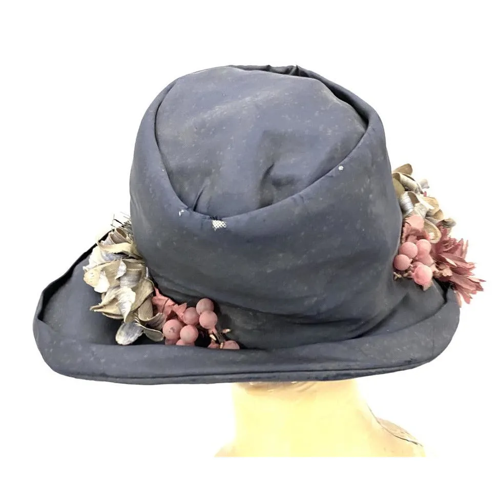 Antique Brimmed Cloche Hat 20s Flapper Flowers Straw Tenne New York Paris Large