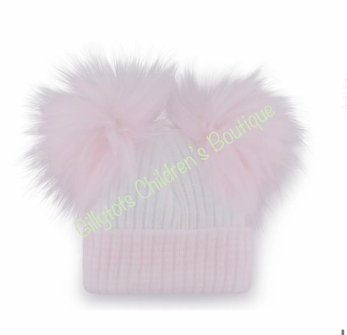 Baby Girls Double luxury Faux Fur Pom Pom Hat white/pink trim
