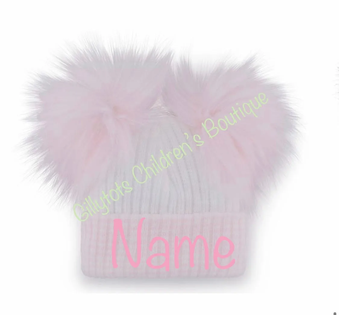 Baby Girls Double luxury Faux Fur Pom Pom Hat white/pink trim