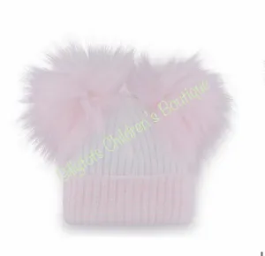 Baby Girls Double luxury Faux Fur Pom Pom Hat white/pink trim