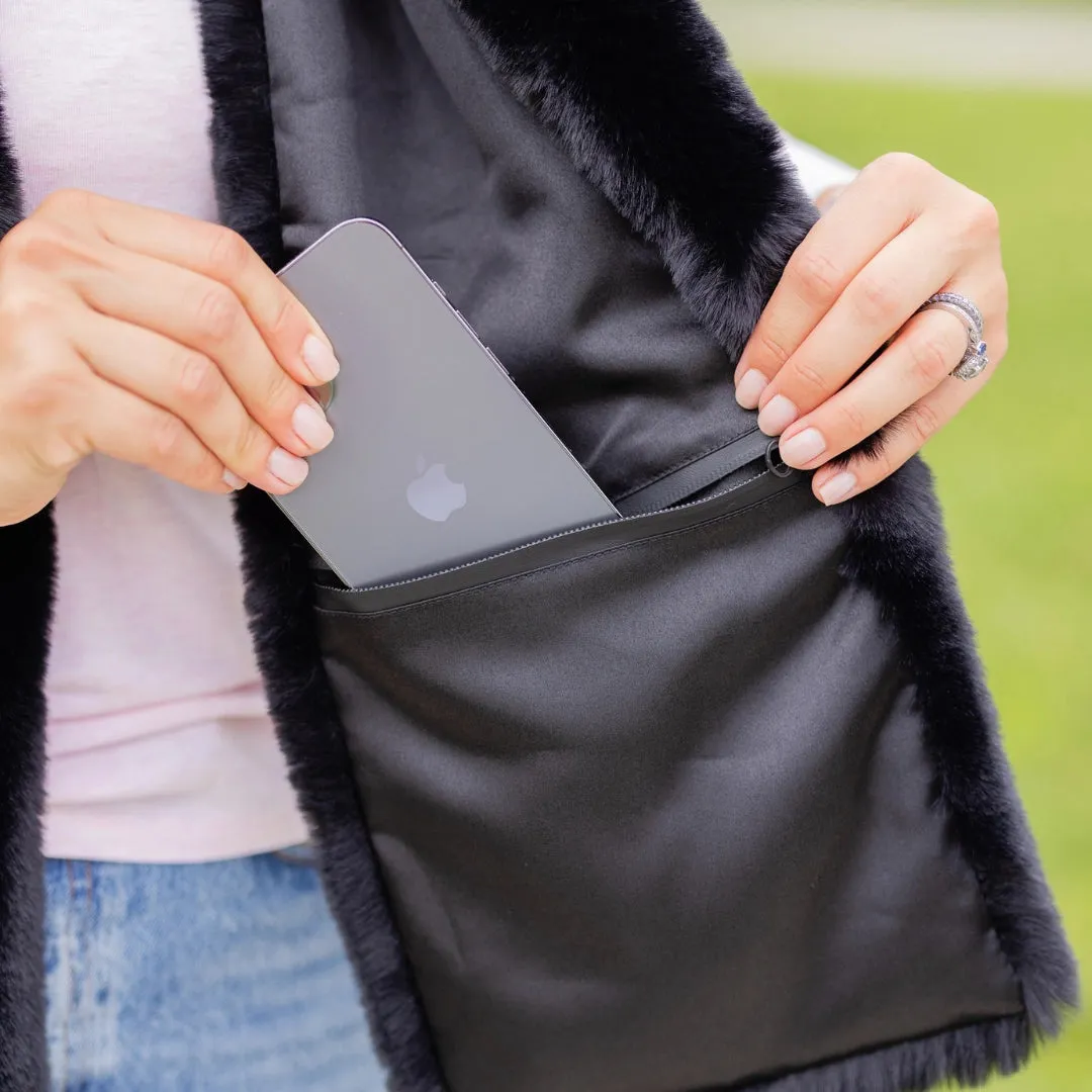 Black Faux Fur Scarf- Waterproof Satin Backing