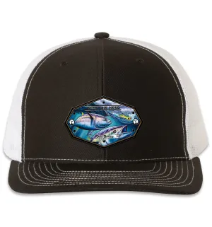 Bluefin Tuna 6 Panel Trucker Snap Back Hat Black White XL