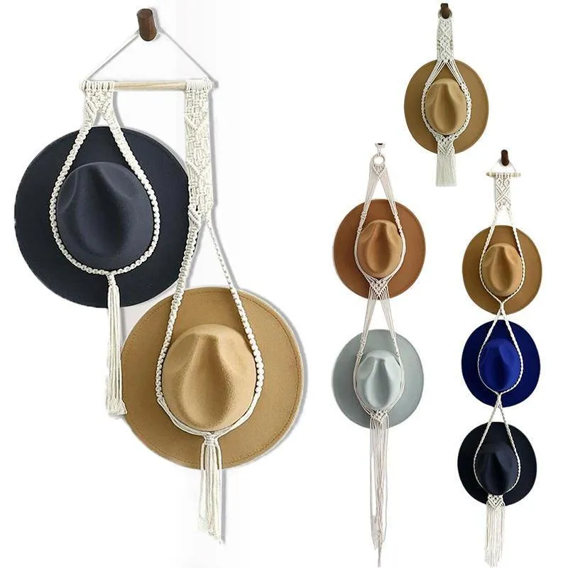 Boho Hand-Woven Macrame Hat Display Rack Hanging Cap Holder 1-3 Hat Rope hanger