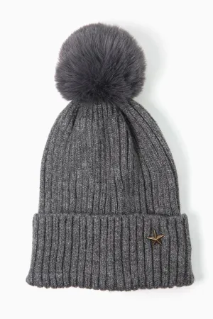 Bonnie Pom Pom Hat - Dark Grey, Gold Star