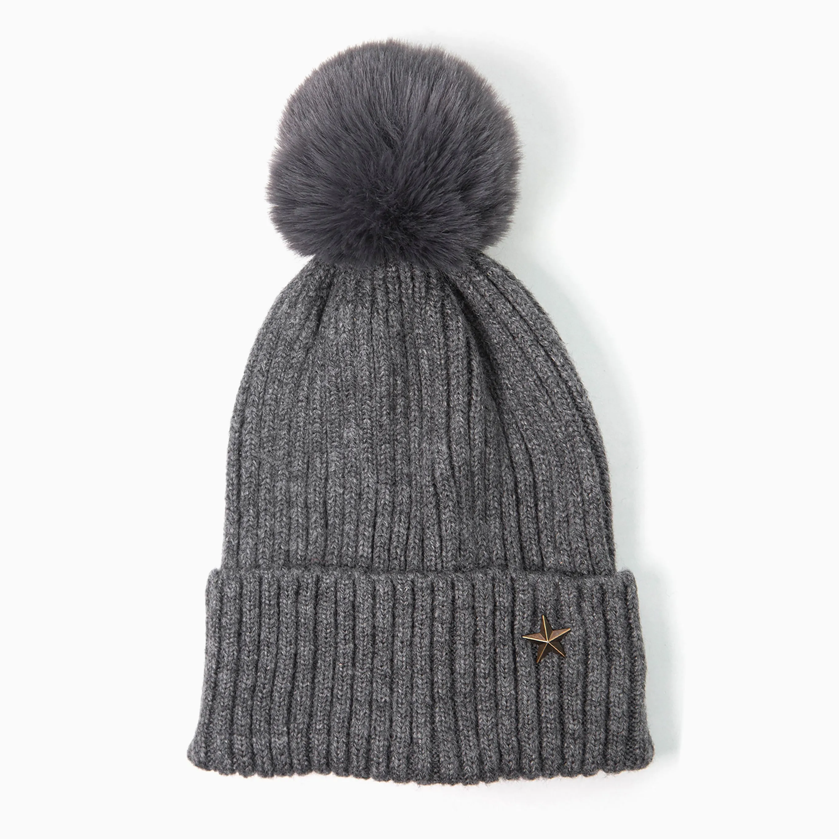 Bonnie Pom Pom Hat - Dark Grey, Gold Star