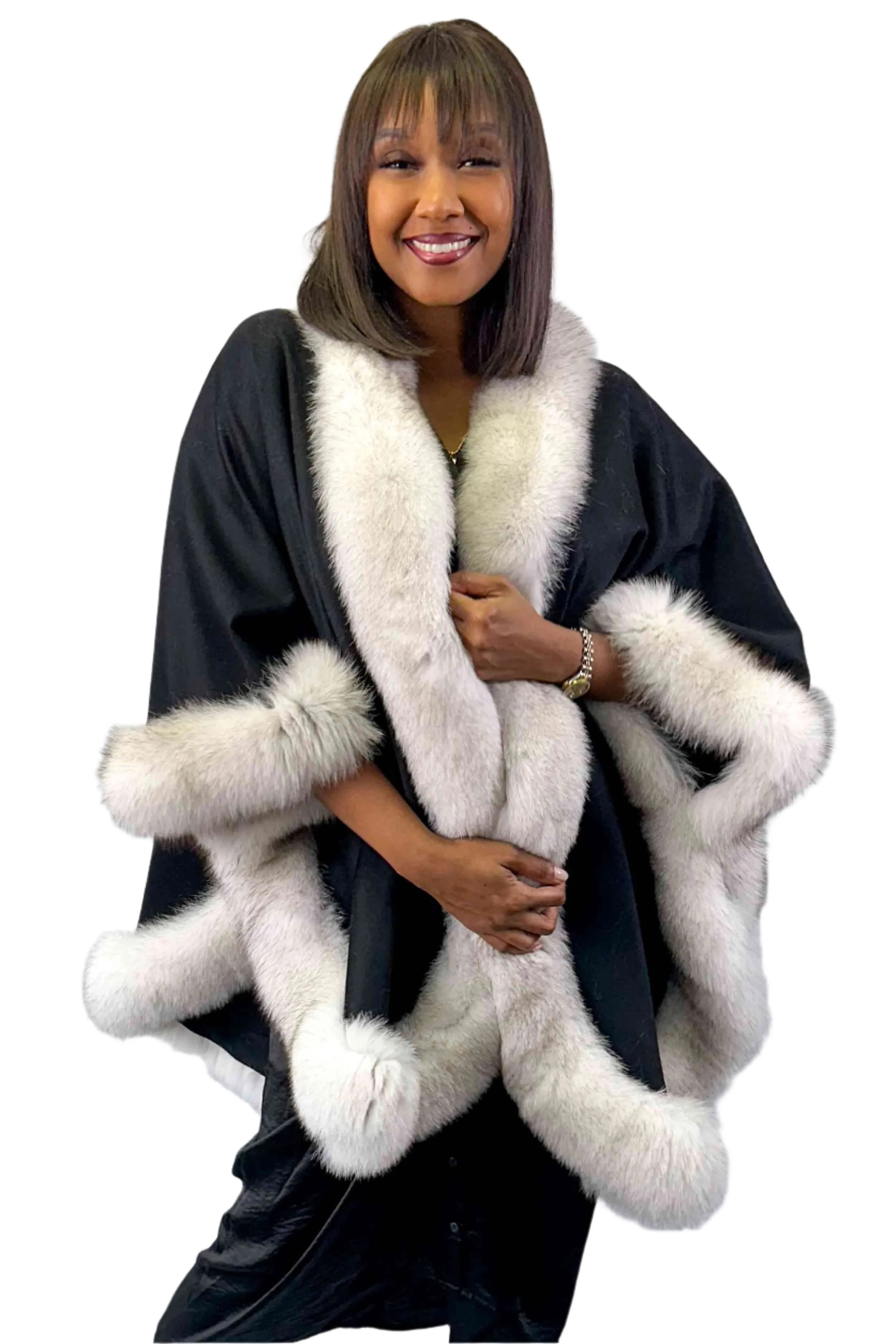 Cashmere Blend Cape with Fox Fur Trim
