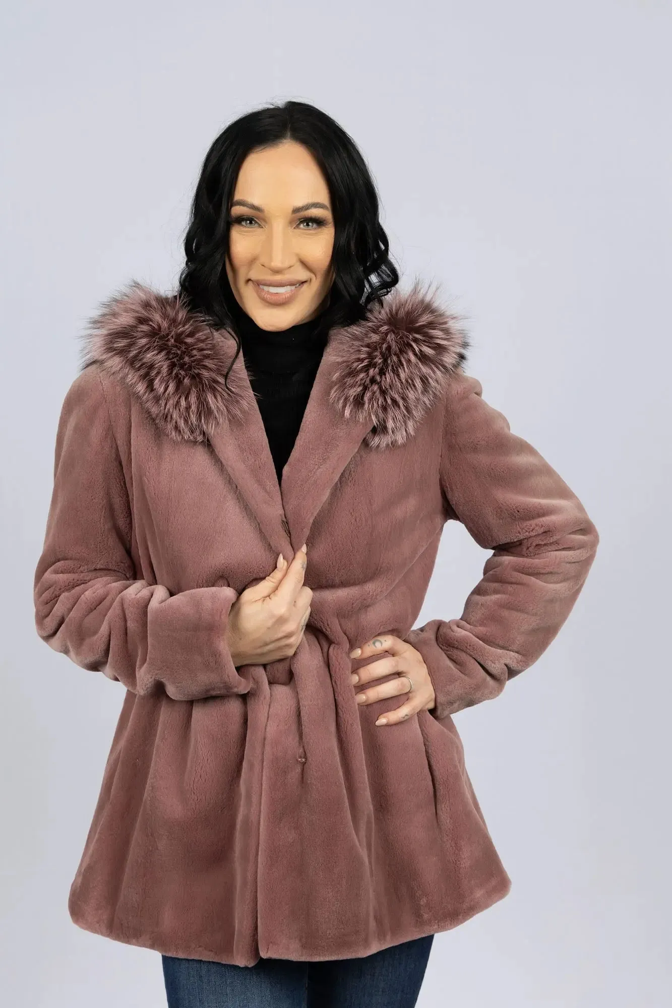 Dyed Rose Petal Sheared Mink Jacket with Fox Trimmed Hood