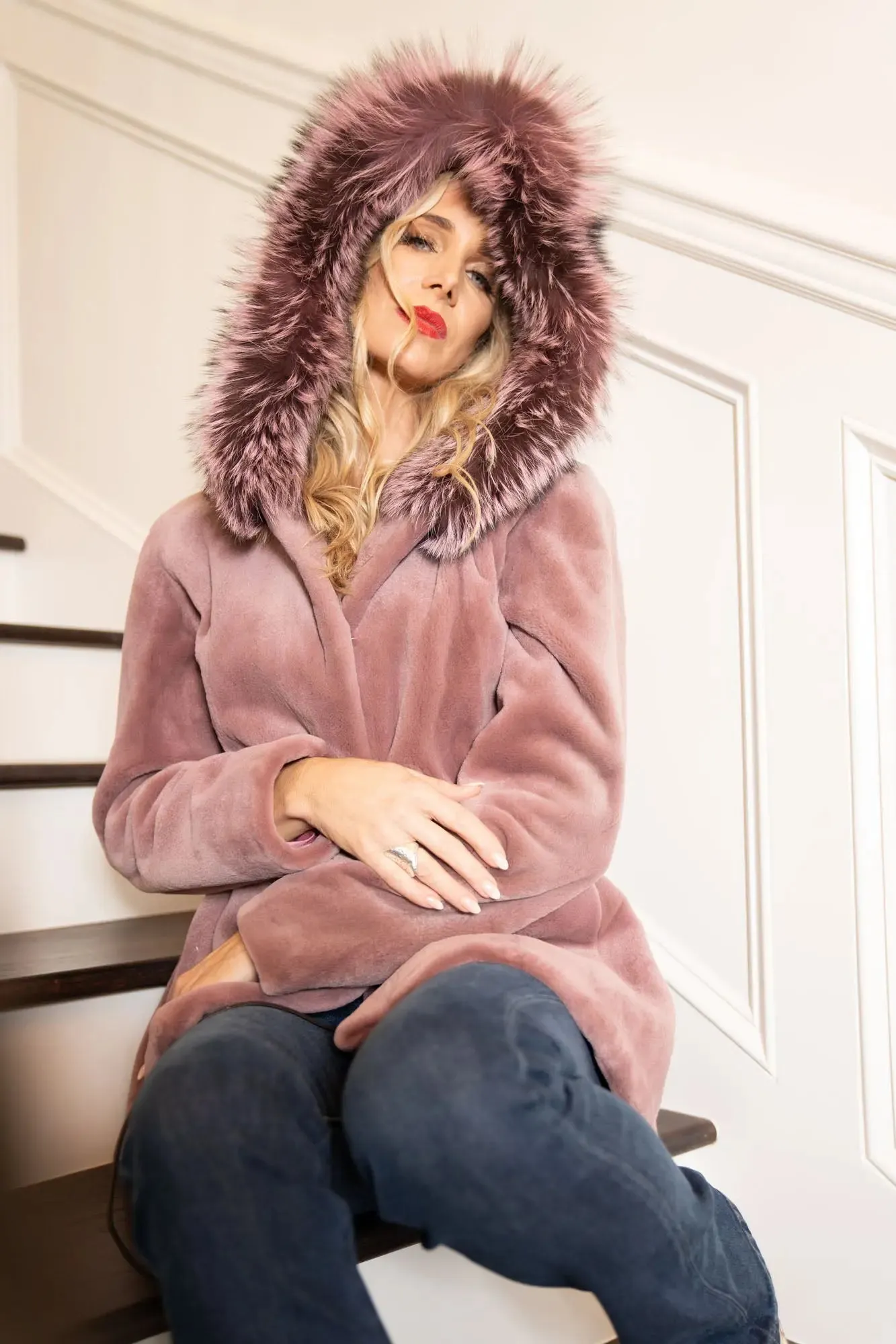 Dyed Rose Petal Sheared Mink Jacket with Fox Trimmed Hood