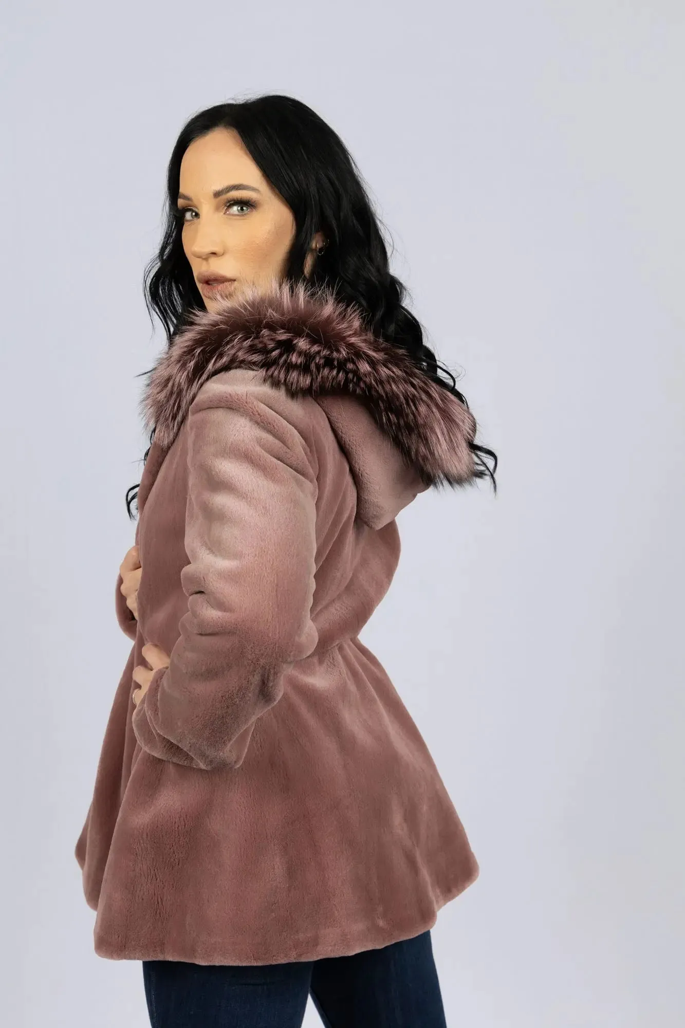 Dyed Rose Petal Sheared Mink Jacket with Fox Trimmed Hood