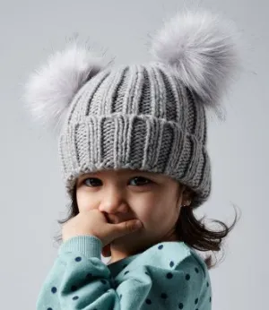 Infant or Junior Faux Fur Double Pom Pom Hat | Soft Knit Winter Hat for Kids