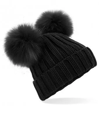 Infant or Junior Faux Fur Double Pom Pom Hat | Soft Knit Winter Hat for Kids