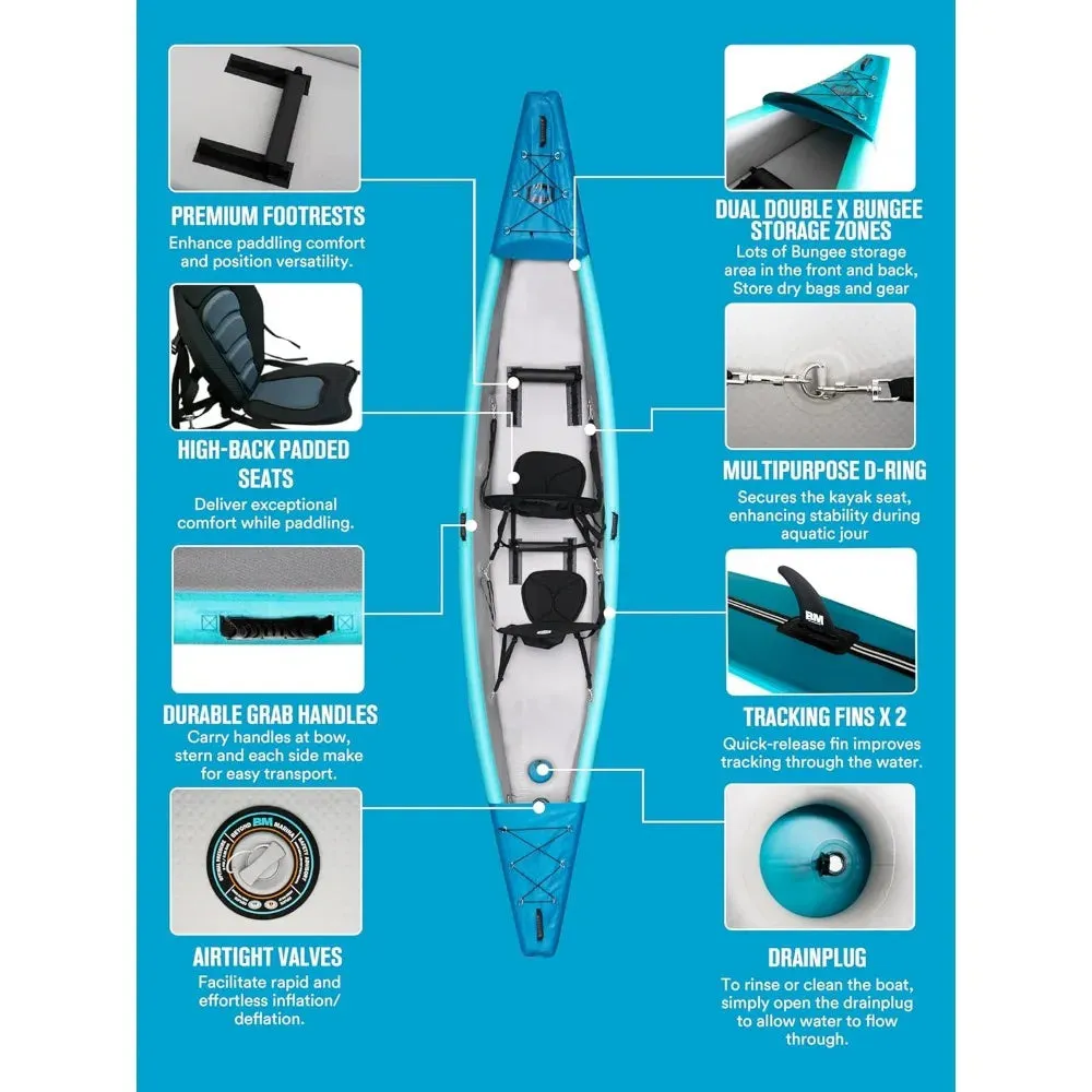 Inflatable Kayak 2 Person Adult- Drop Stitch Tandem Kayak | with Aluminum Paddles, Seats, Footrests, Pump, Fins, 12.5ft