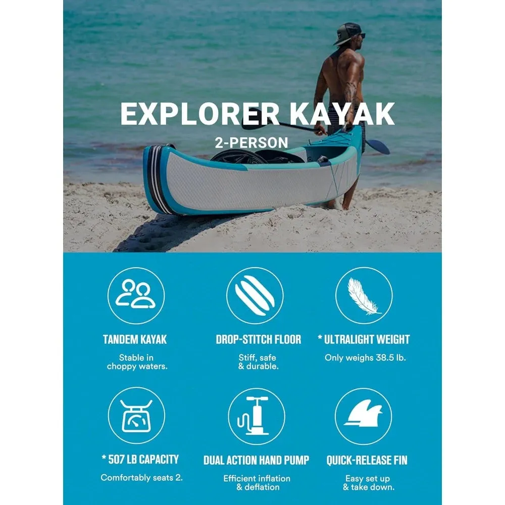 Inflatable Kayak 2 Person Adult- Drop Stitch Tandem Kayak | with Aluminum Paddles, Seats, Footrests, Pump, Fins, 12.5ft