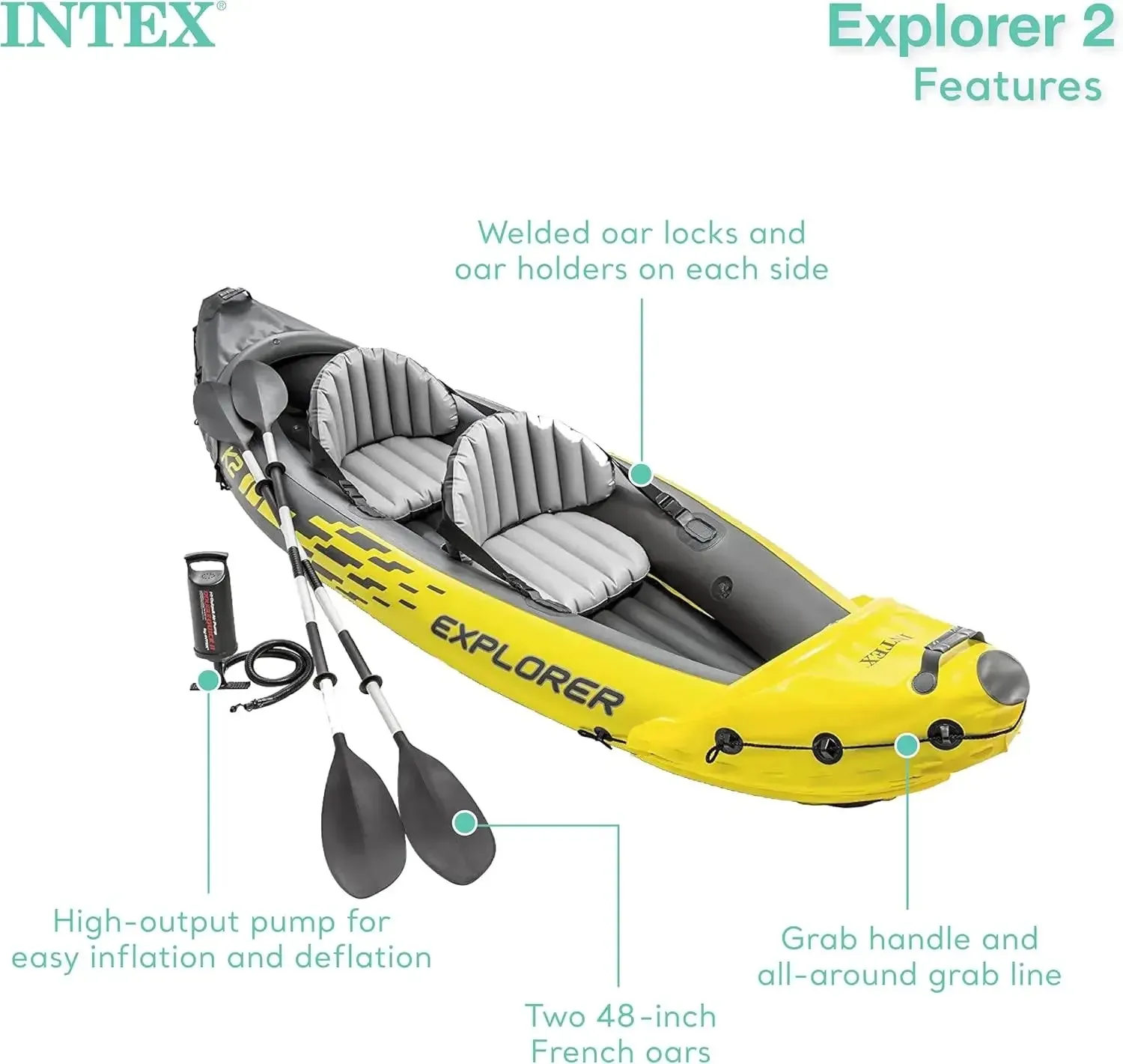 Intex 68307EP Explorer K2 Inflatable Kayak Set: Deluxe 86in Kayak Paddles and High-Output Pump – Adjustable Seats with Backrest