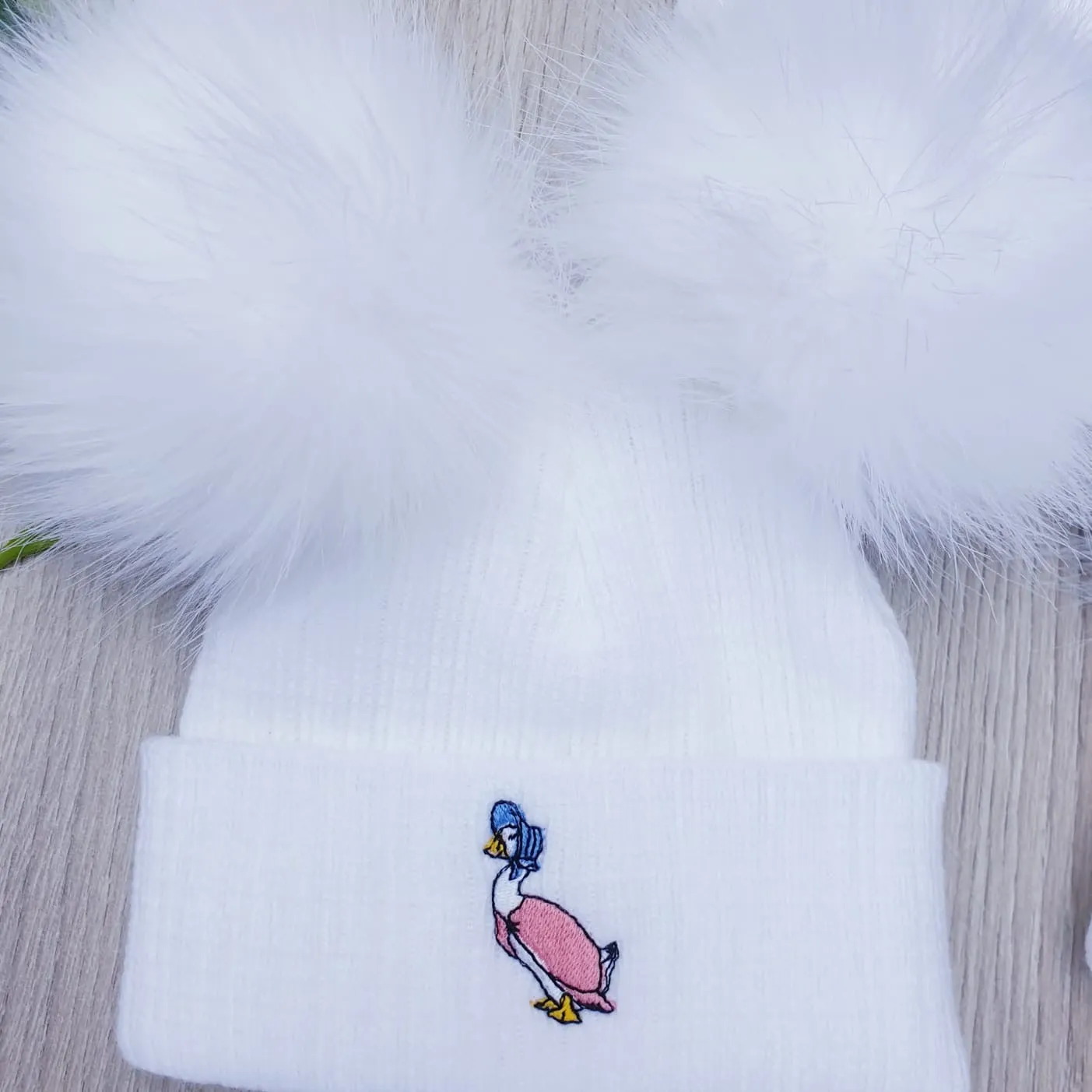 Jemima Puddleduck luxury faux Fur  Double Pom Pom Hat white/white poms
