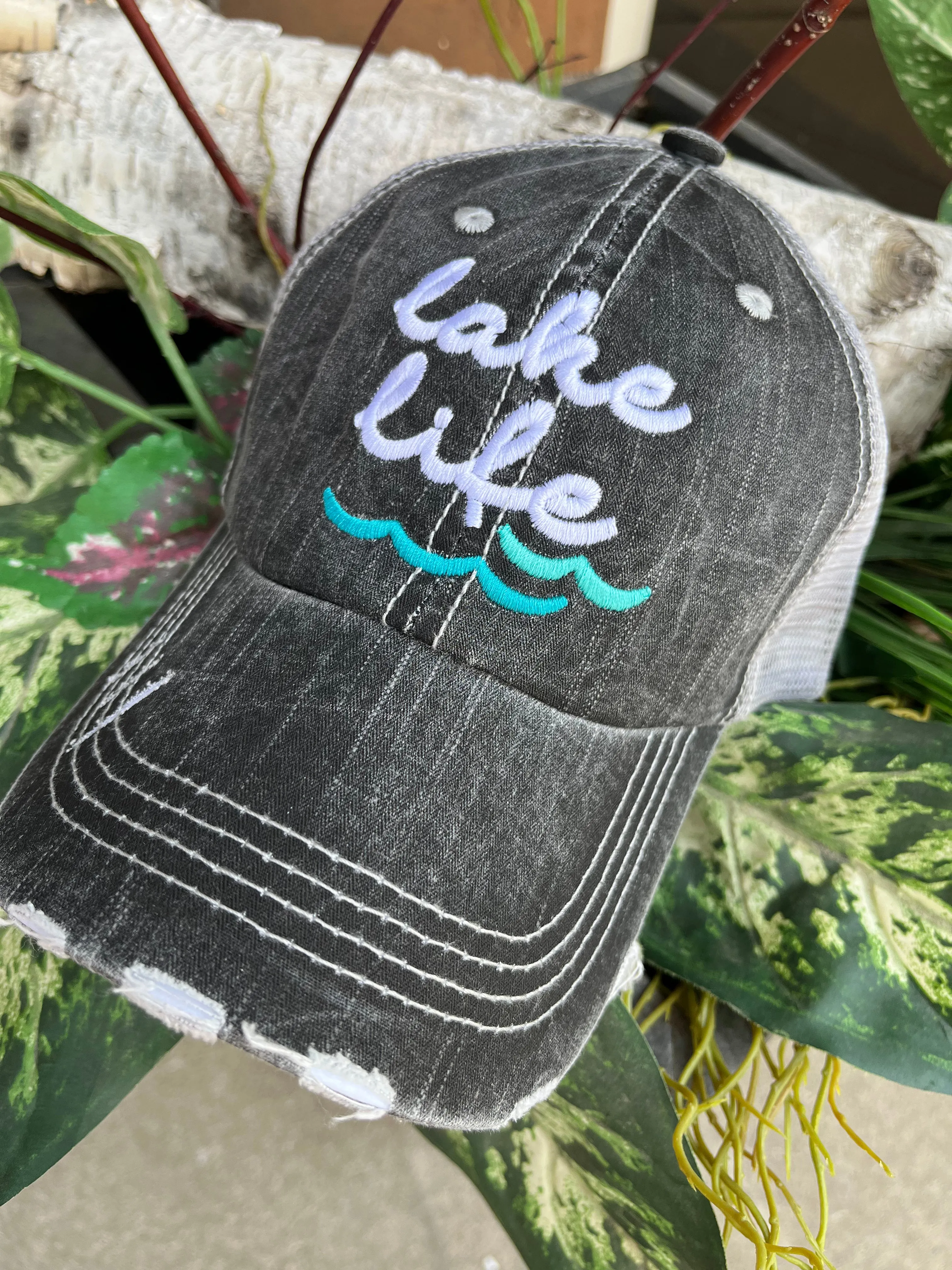 Lake hats Lake life Teal waves Gray embroidered trucker cap Boat Cabin Vacation
