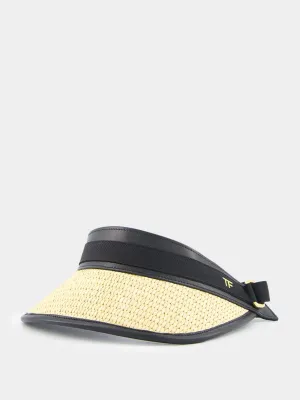 Leather-Trimmed Raffia-Effect Visor