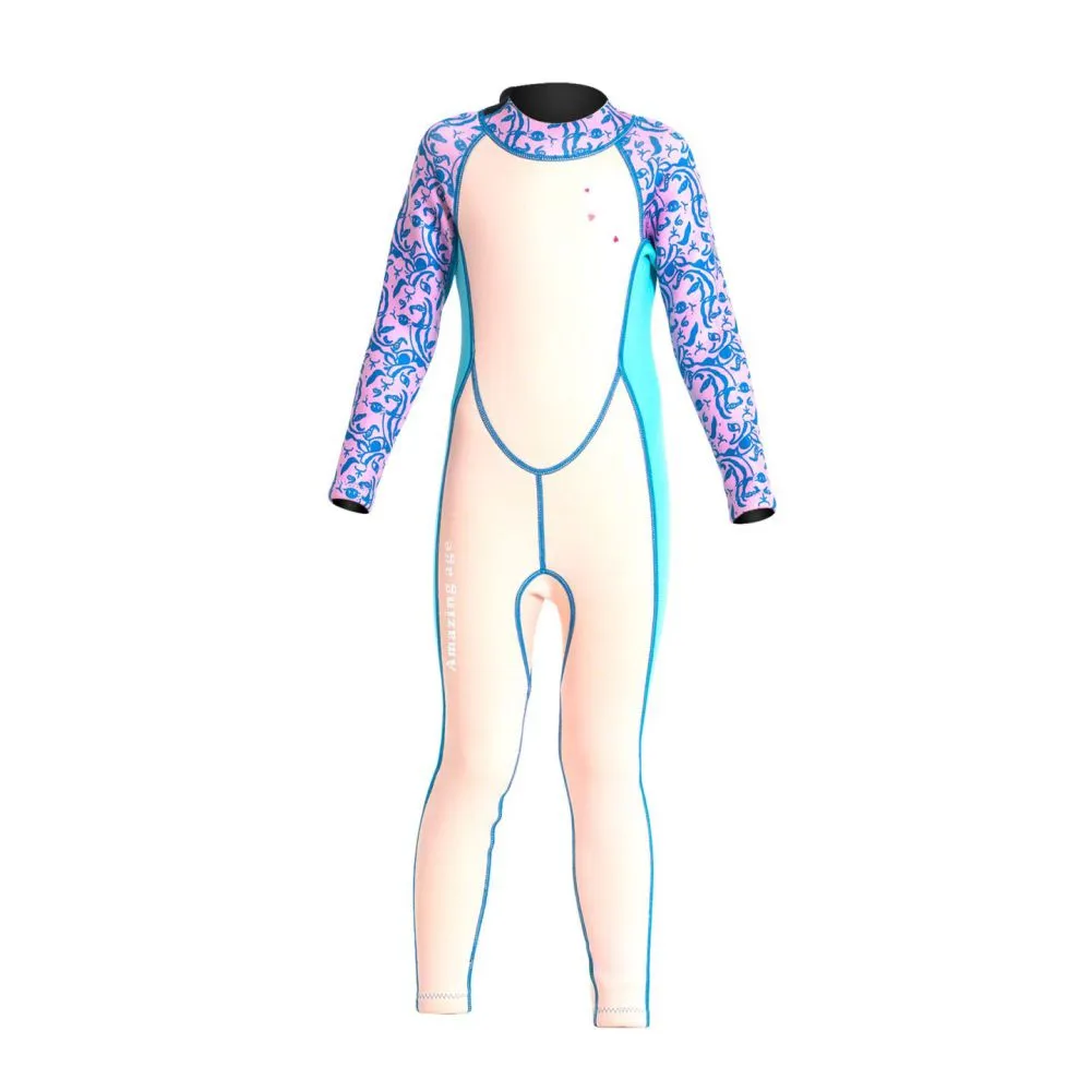 Lilac Printed Sleeves Powder Pink Full Length Scuba Swimsuit 2.5mm Neoprene  Swimwear for water adventures for Kids Teens and Adults