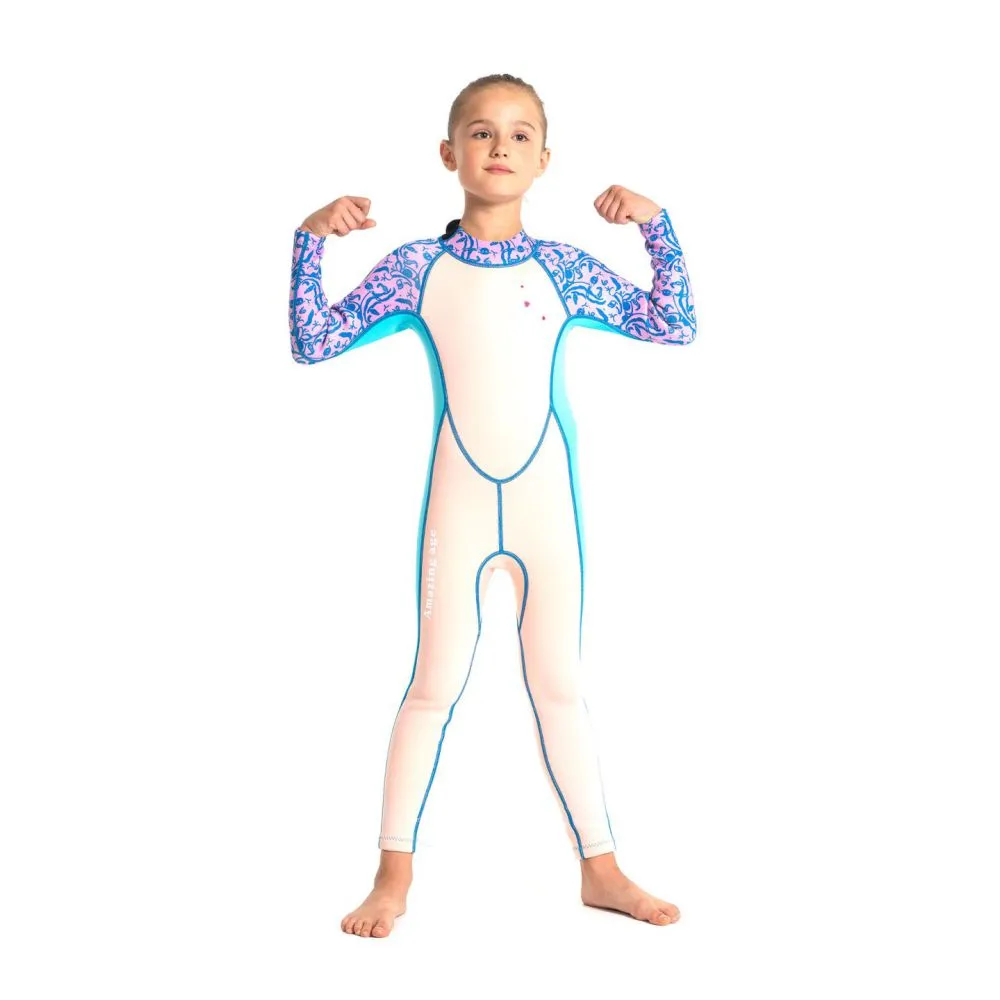 Lilac Printed Sleeves Powder Pink Full Length Scuba Swimsuit 2.5mm Neoprene  Swimwear for water adventures for Kids Teens and Adults