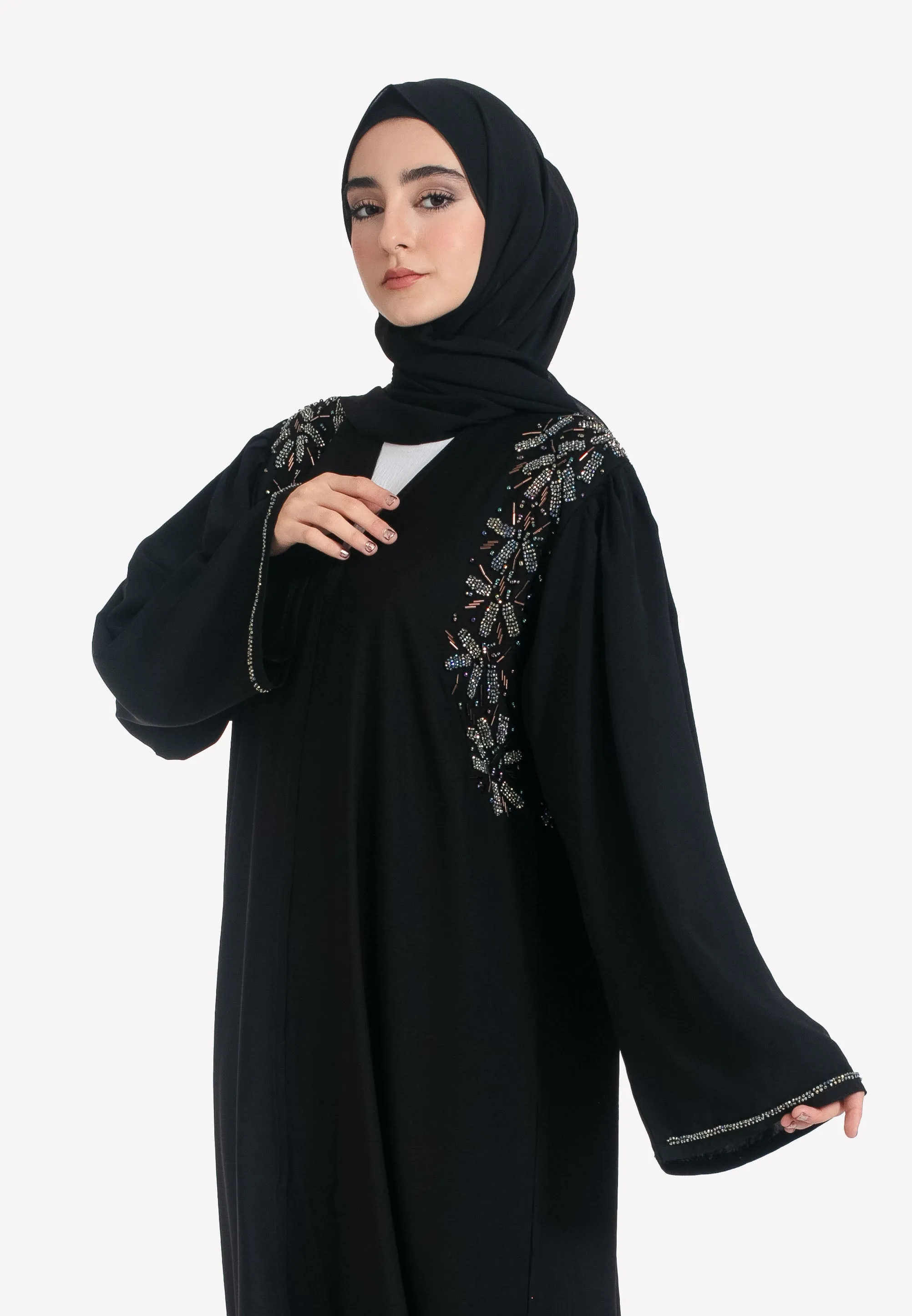 Luxury Black Crystal Embellished Open Abaya