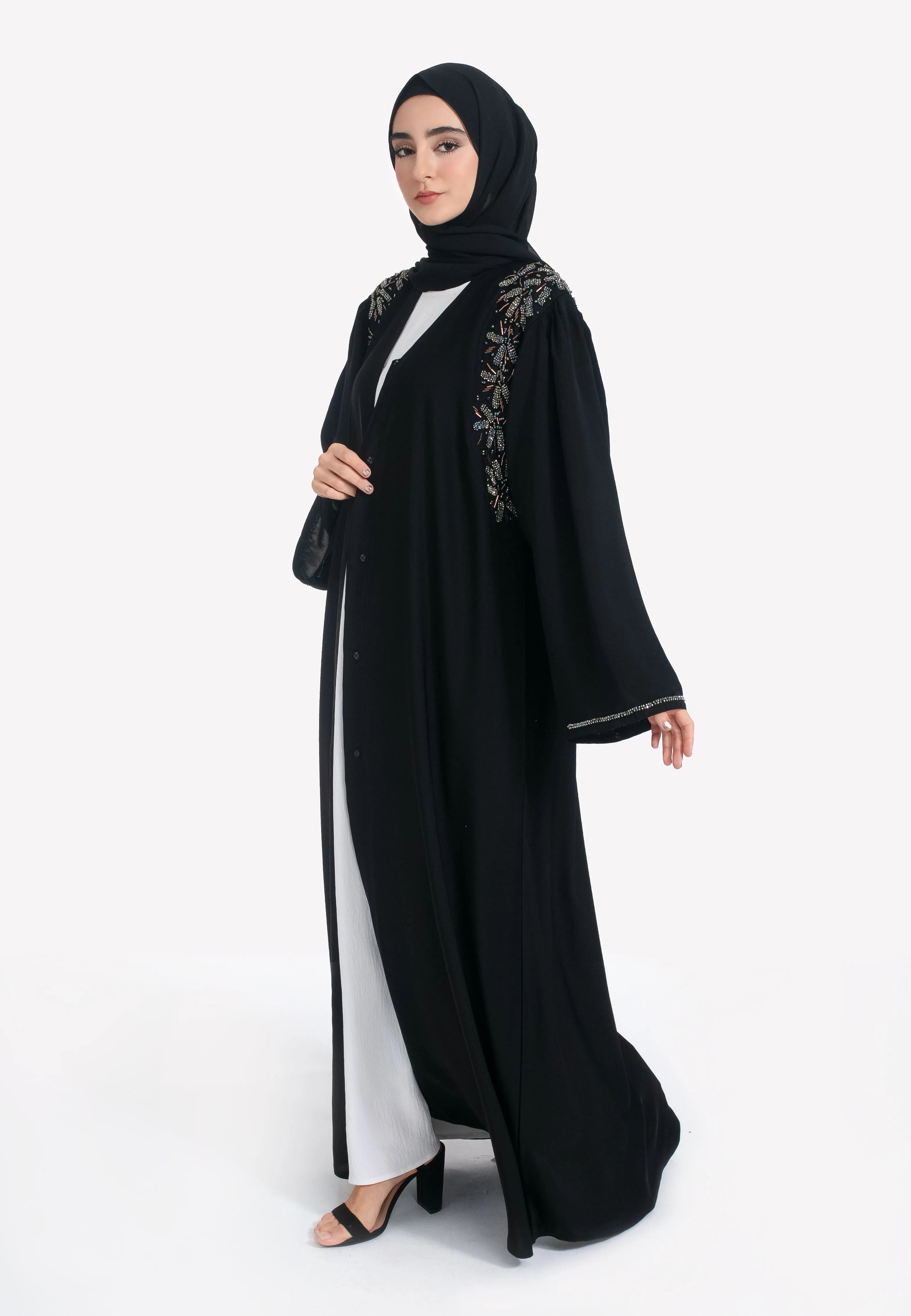 Luxury Black Crystal Embellished Open Abaya