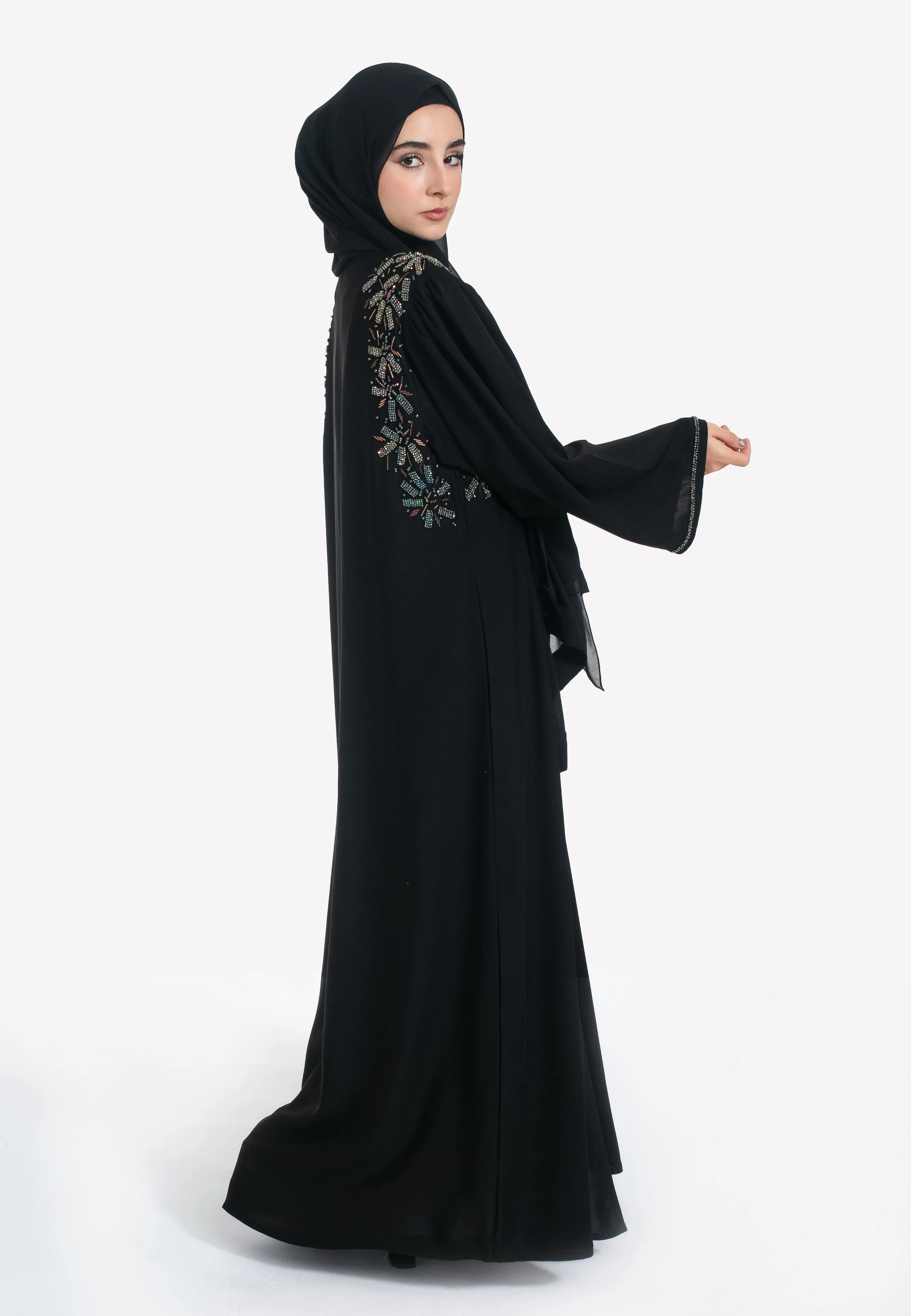 Luxury Black Crystal Embellished Open Abaya