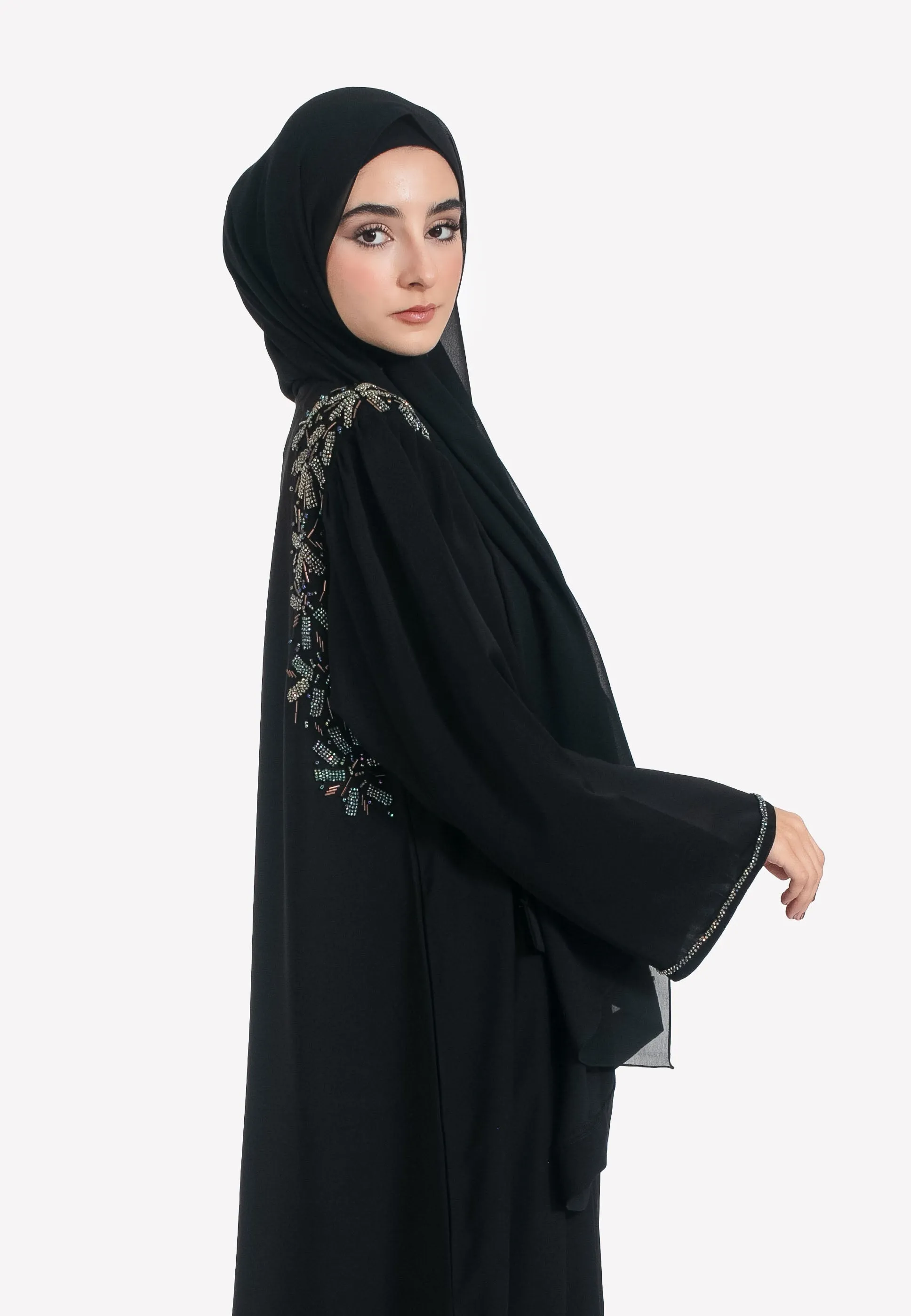 Luxury Black Crystal Embellished Open Abaya