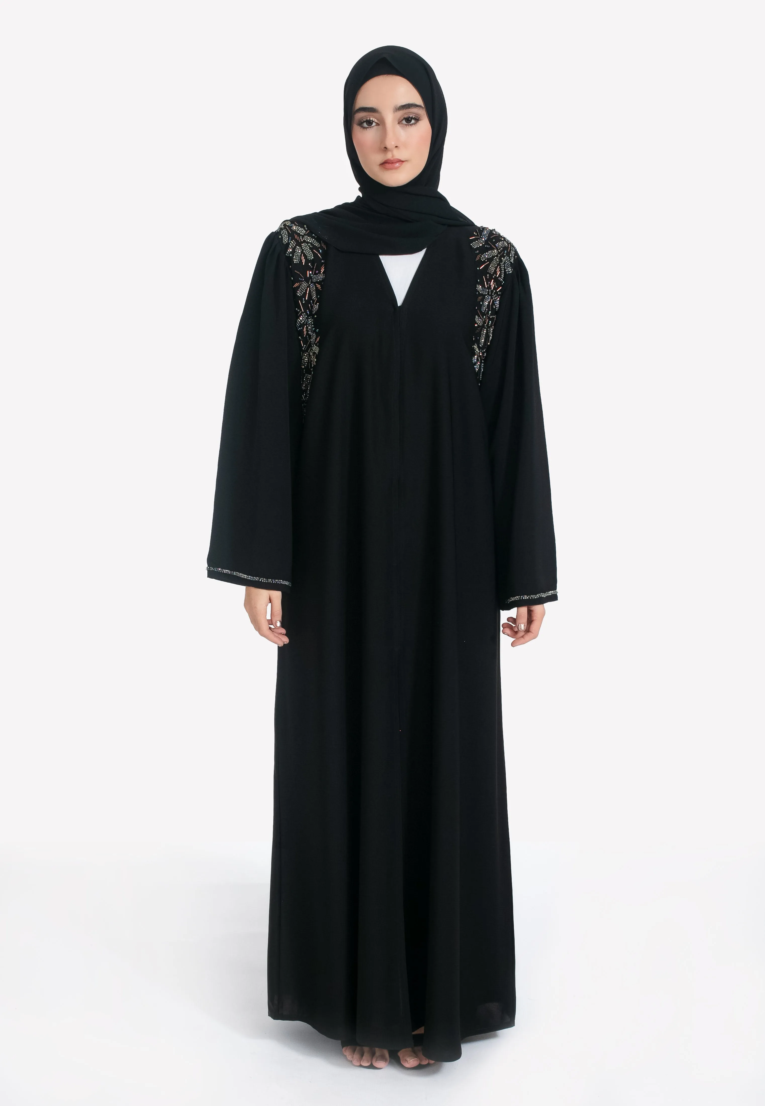 Luxury Black Crystal Embellished Open Abaya