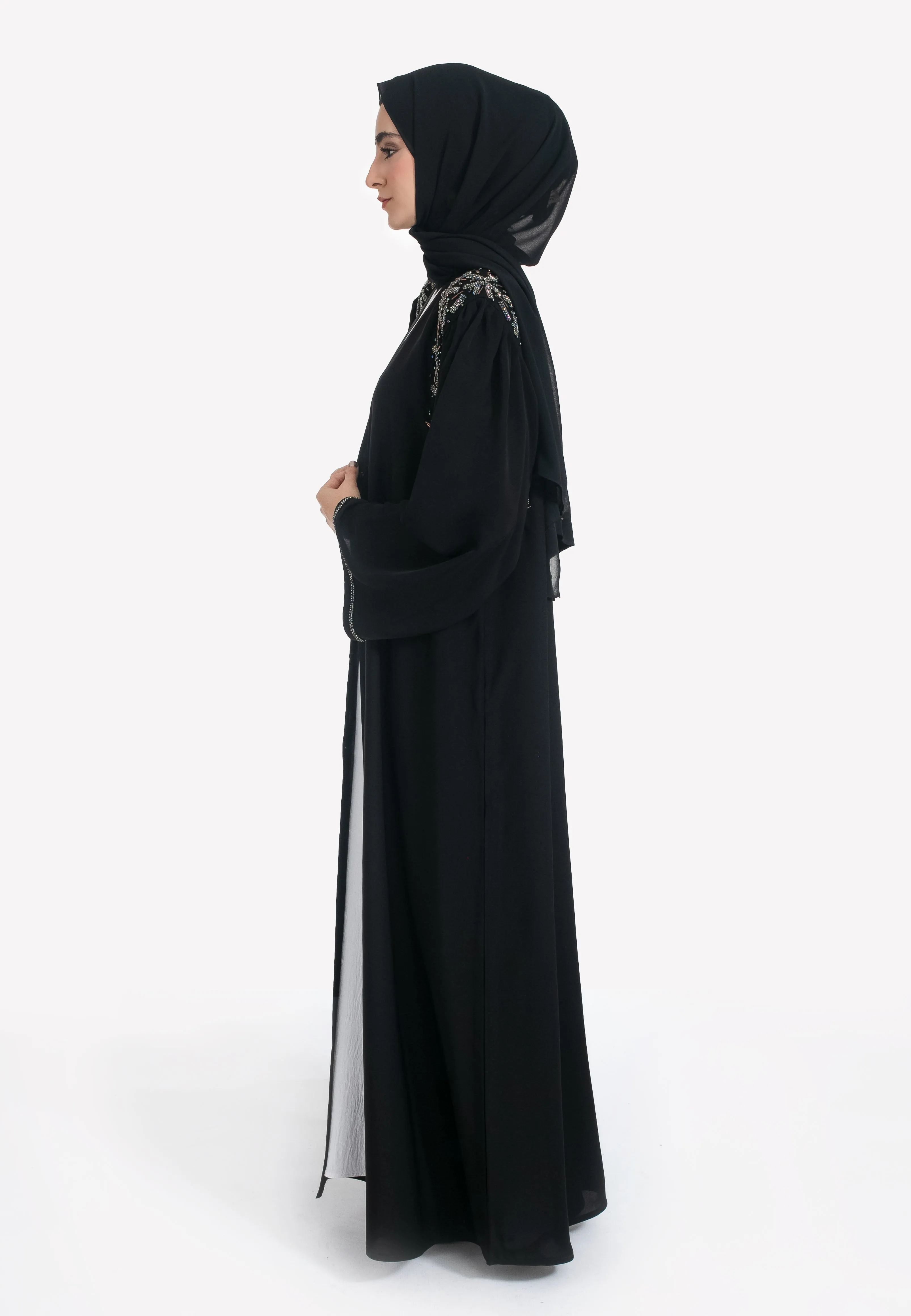 Luxury Black Crystal Embellished Open Abaya