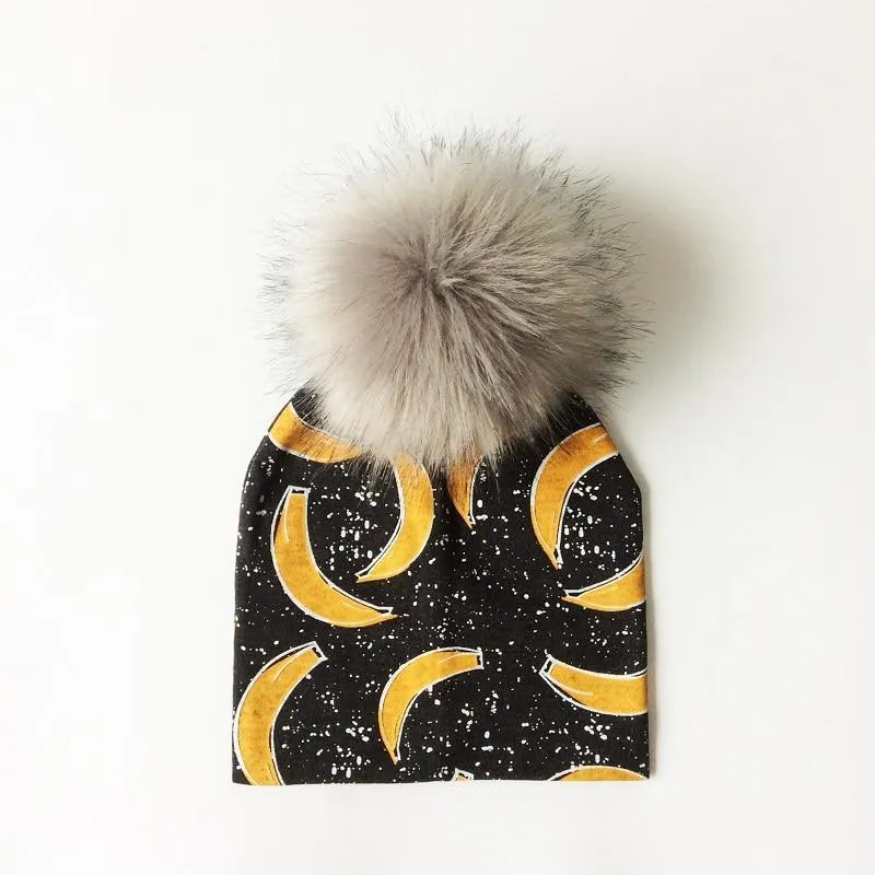 Luxury Modern Unique Toddler Boys and Girls Cartoon Printing Cotton Pompom Cap For Baby Beanie Hat With Pompon For Kids