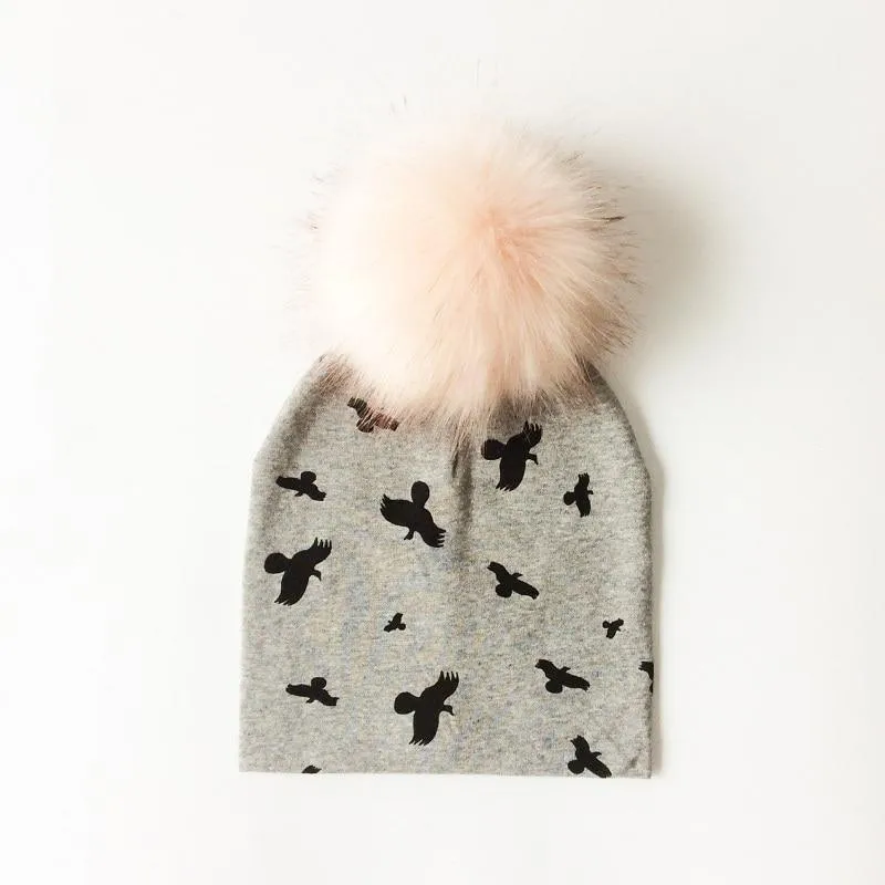 Luxury Modern Unique Toddler Boys and Girls Cartoon Printing Cotton Pompom Cap For Baby Beanie Hat With Pompon For Kids