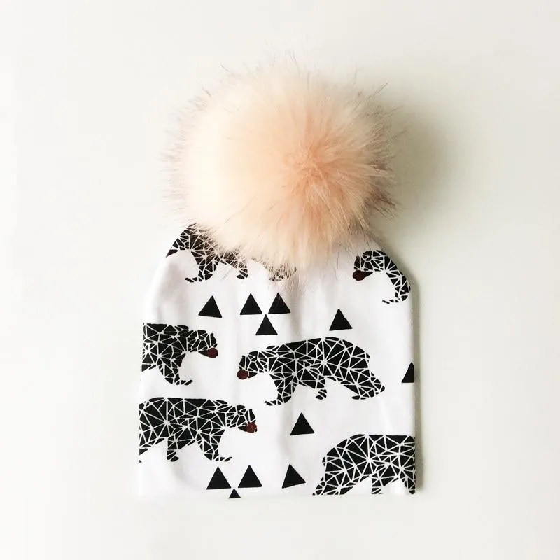 Luxury Modern Unique Toddler Boys and Girls Cartoon Printing Cotton Pompom Cap For Baby Beanie Hat With Pompon For Kids